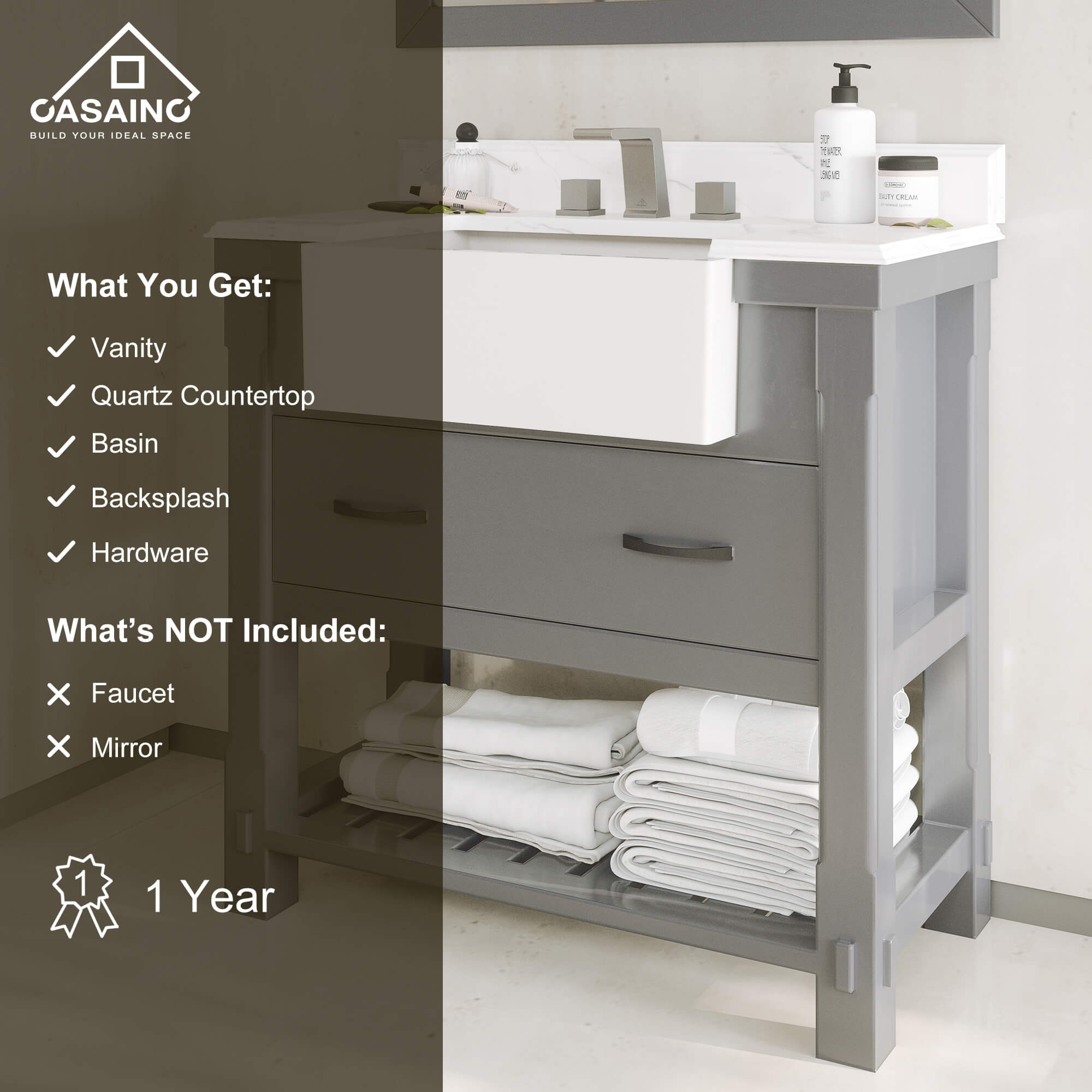 36" Farmhouse Sink Bathroom Vanity with Shelf in White/Grey