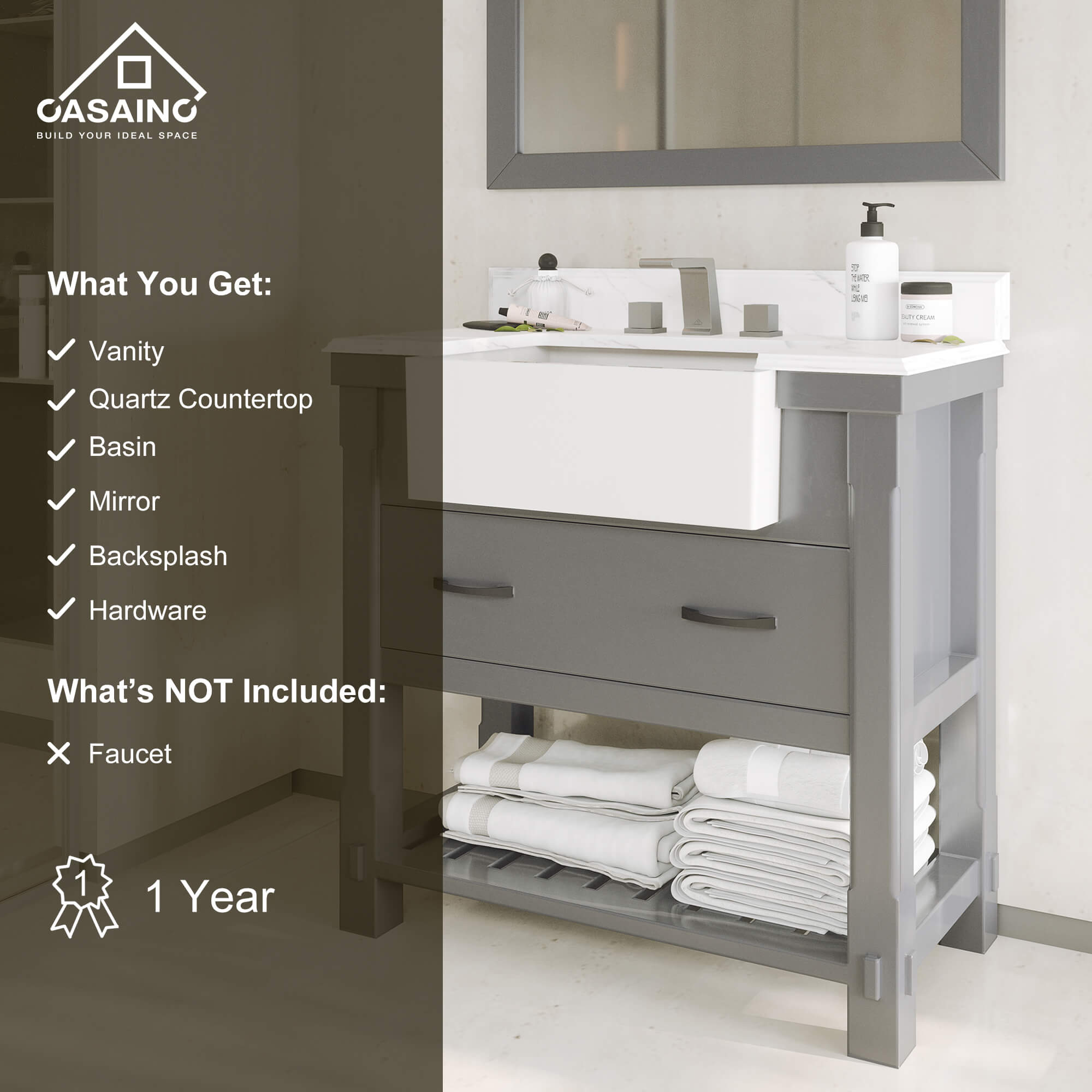 36" Farmhouse Sink Bathroom Vanity with Shelf in White/Grey