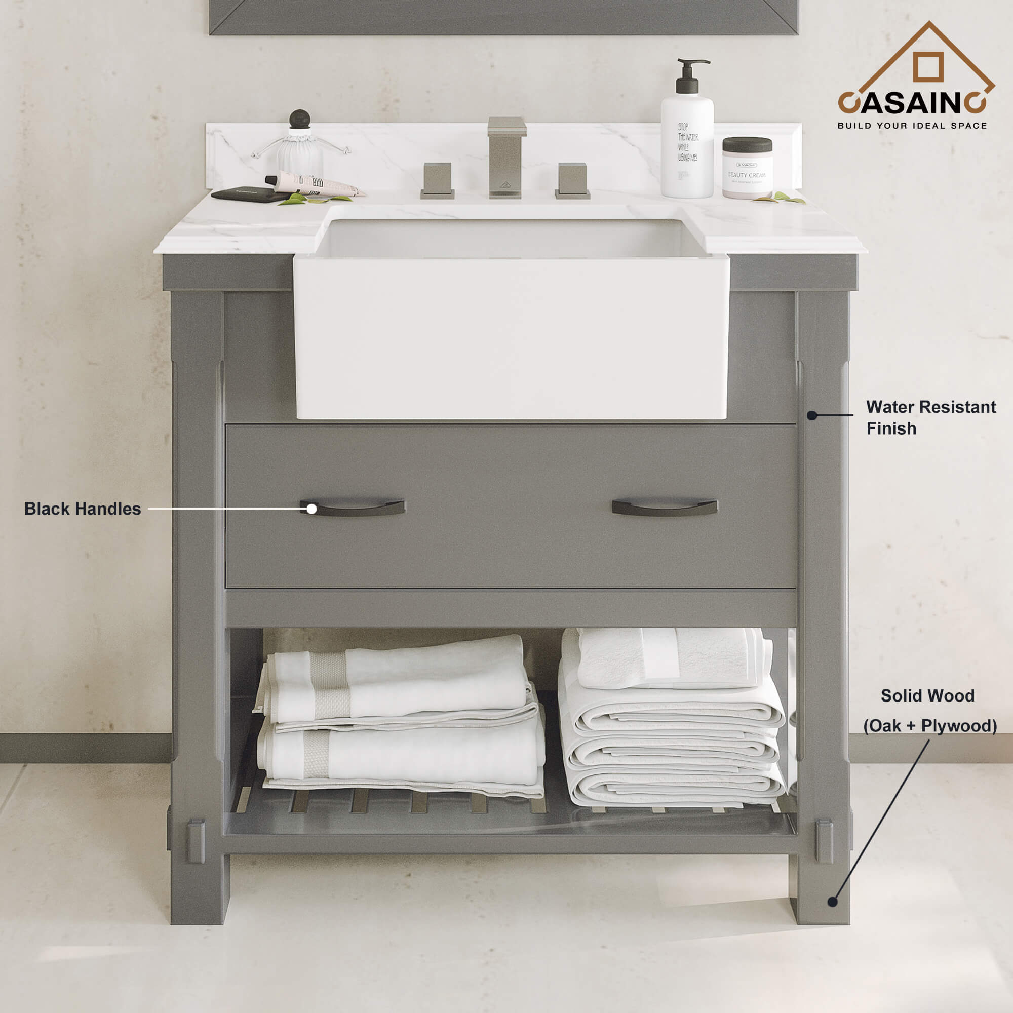 36" Farmhouse Sink Bathroom Vanity with Shelf in White/Grey