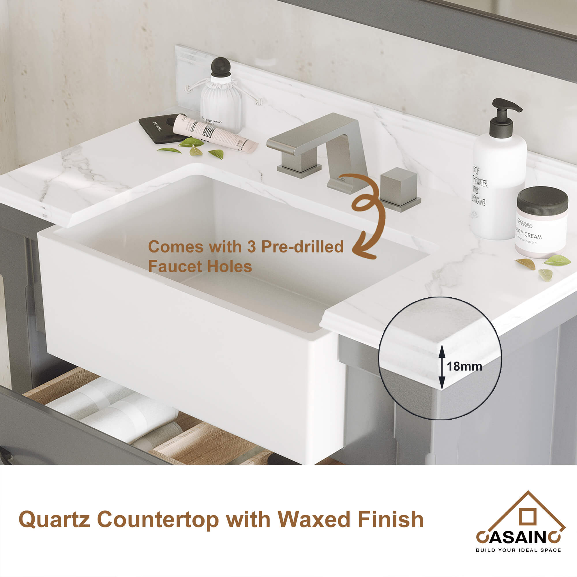 36" Farmhouse Sink Bathroom Vanity with Shelf in White/Grey