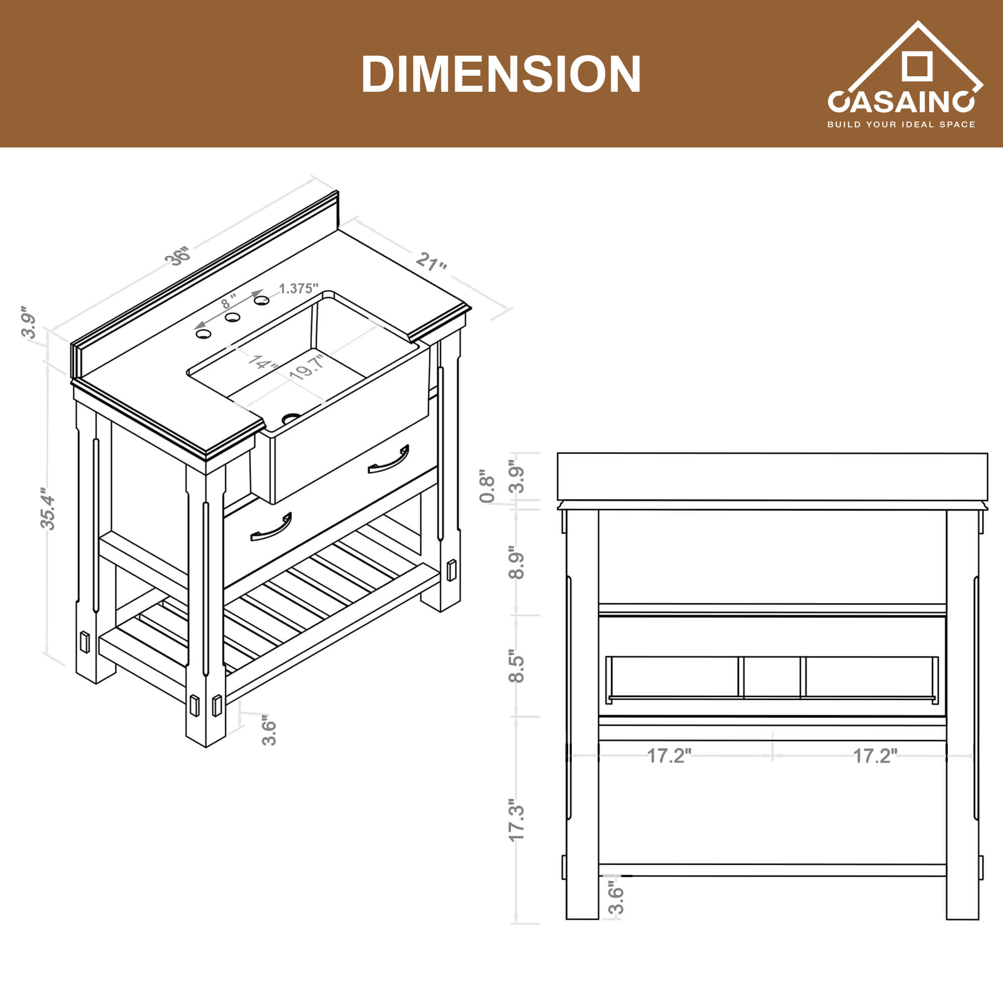 36" Farmhouse Sink Bathroom Vanity with Shelf in White/Grey