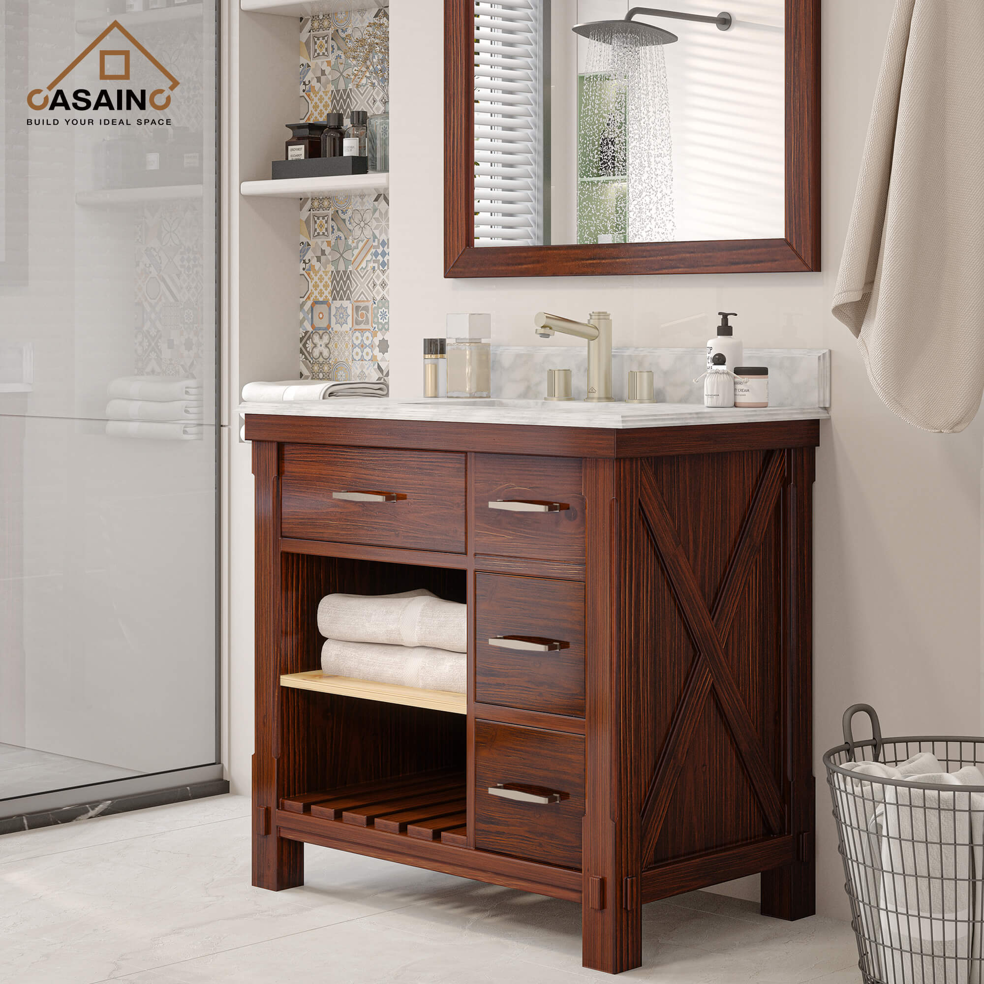 36/48/60" Freestanding Bathroom Sink Vanity in Traditional Brown with Marble Top and Shelf