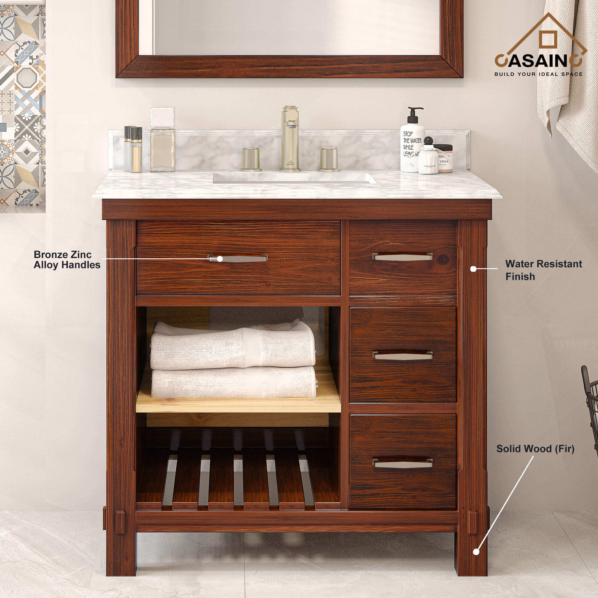 36/48/60" Freestanding Bathroom Sink Vanity in Traditional Brown with Marble Top and Shelf