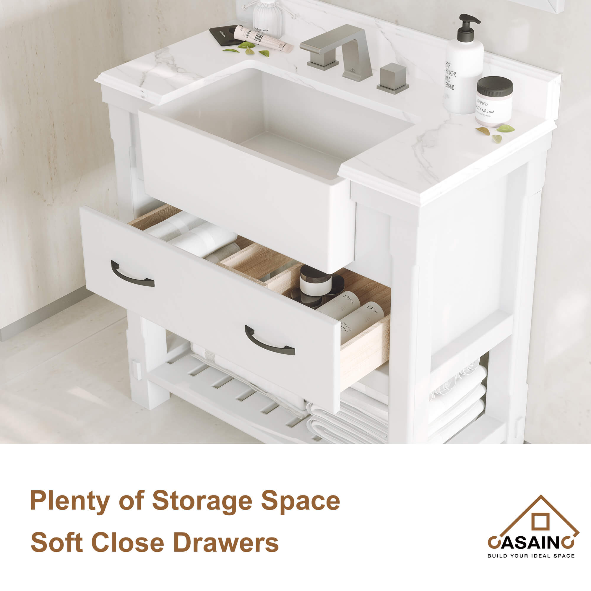 36" Farmhouse Sink Bathroom Vanity with Shelf in White/Grey