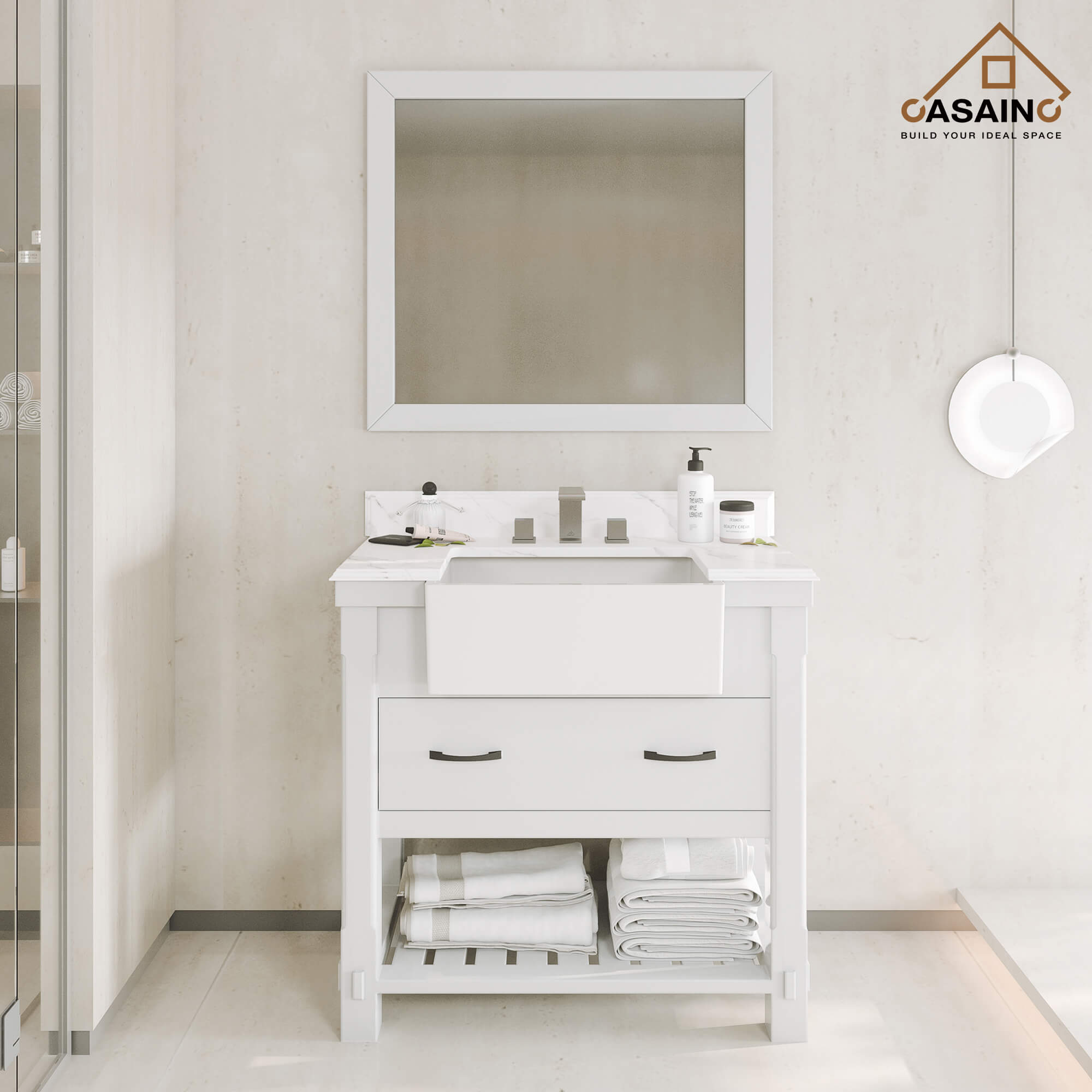 36" Farmhouse Sink Bathroom Vanity with Shelf in White/Grey