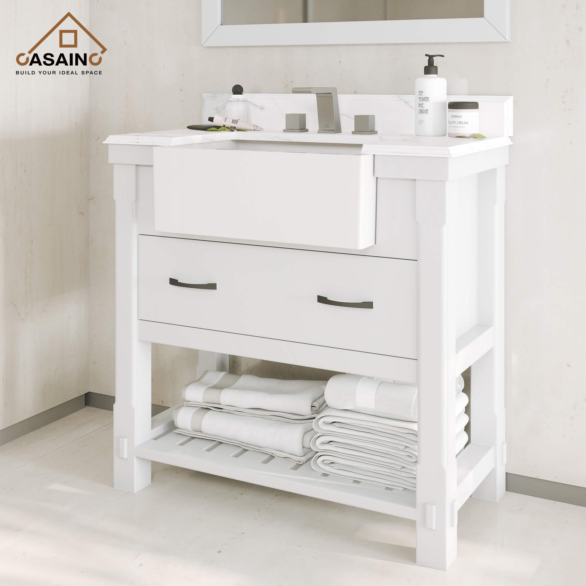 36" Farmhouse Sink Bathroom Vanity with Shelf in White/Grey
