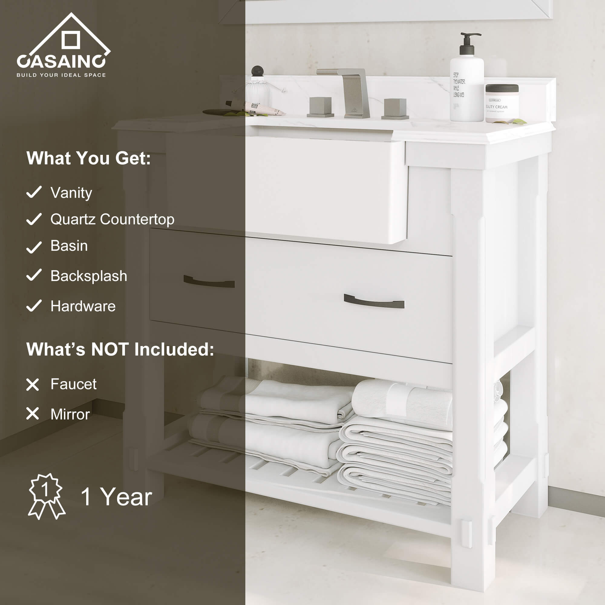 36" Farmhouse Sink Bathroom Vanity with Shelf in White/Grey