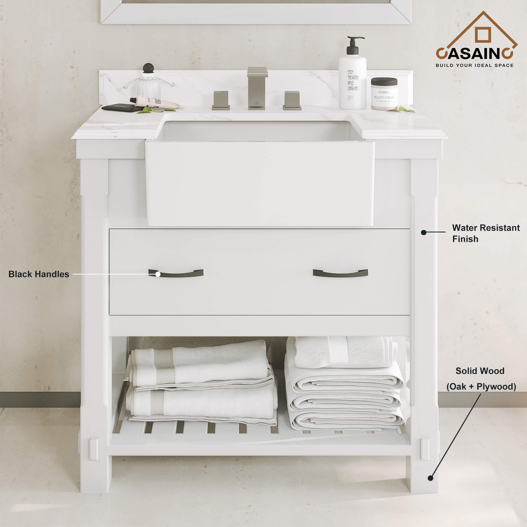 36" Farmhouse Sink Bathroom Vanity with Shelf in White/Grey