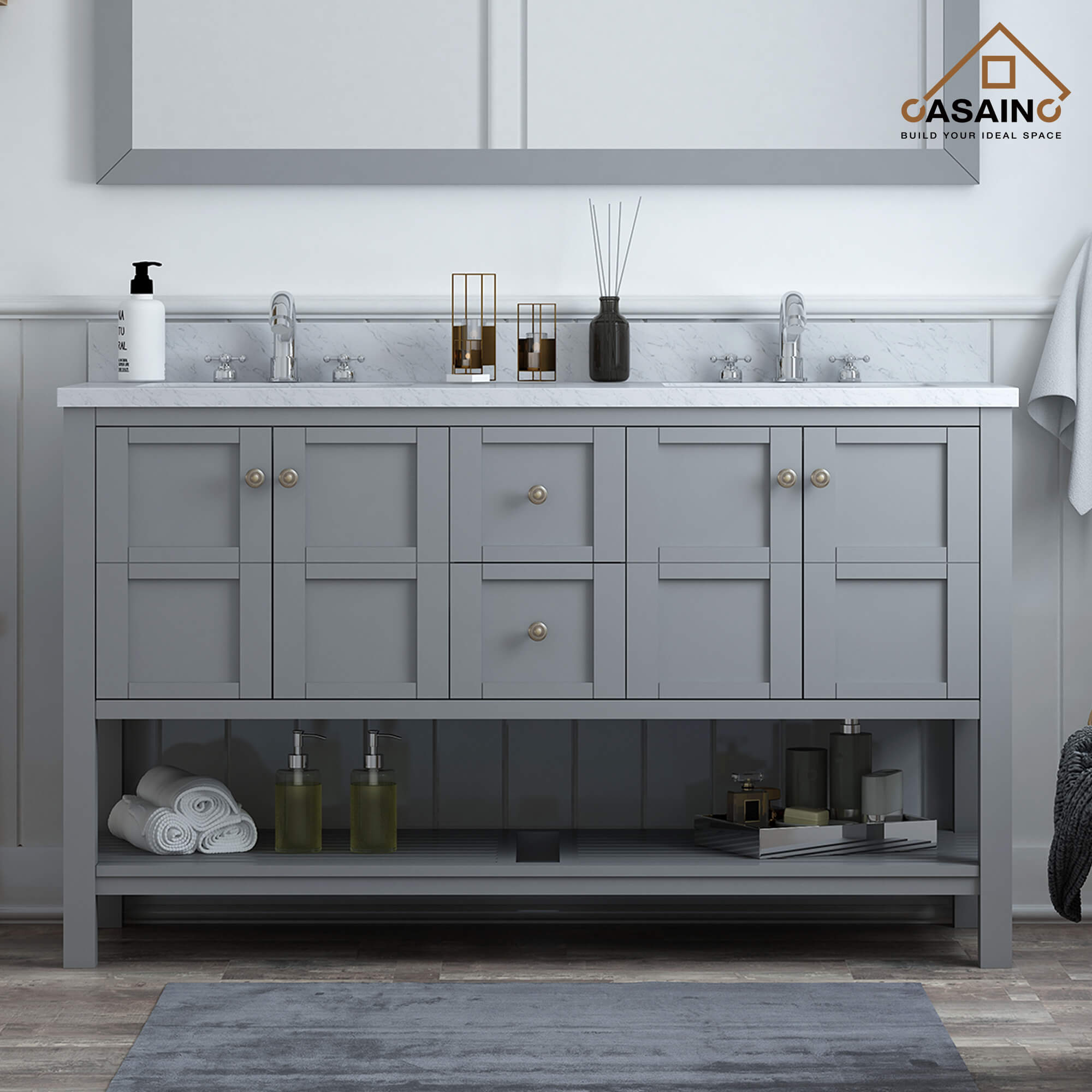 CASAINC 60 x 22 x 35.4 in. Solid Wood Bath Vanity with Carrara White Marble Top and Shelf in Gray/White (No/With Mirror)
