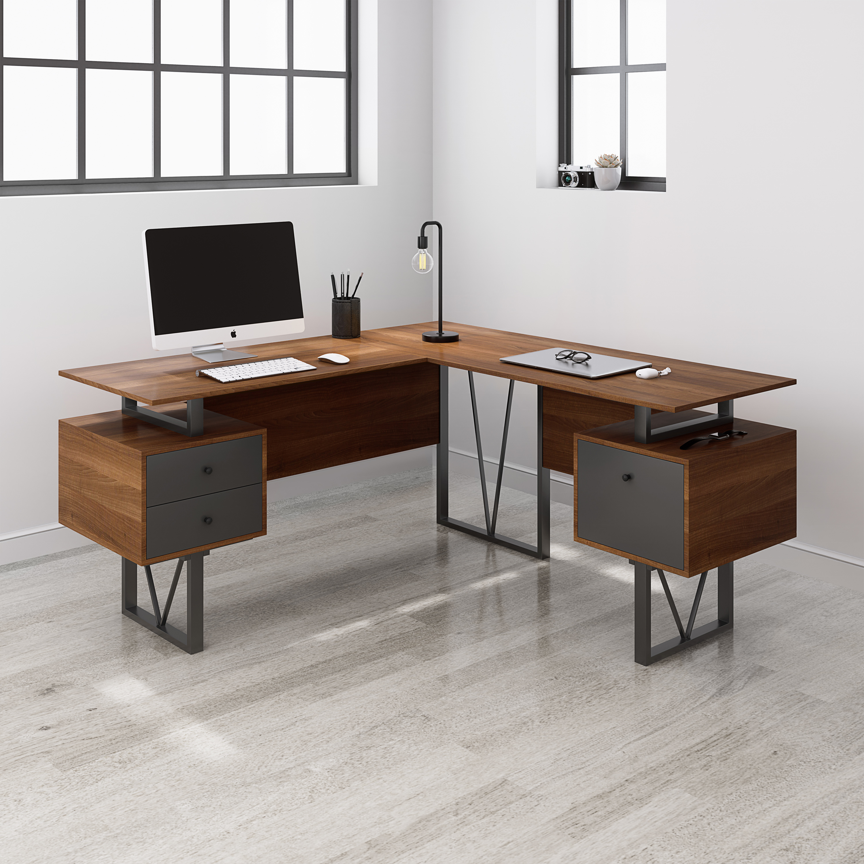 Techni Mobili Reversible L-Shape Computer Desk with Drawers and File Cabinet, Walnut-CASAINC
