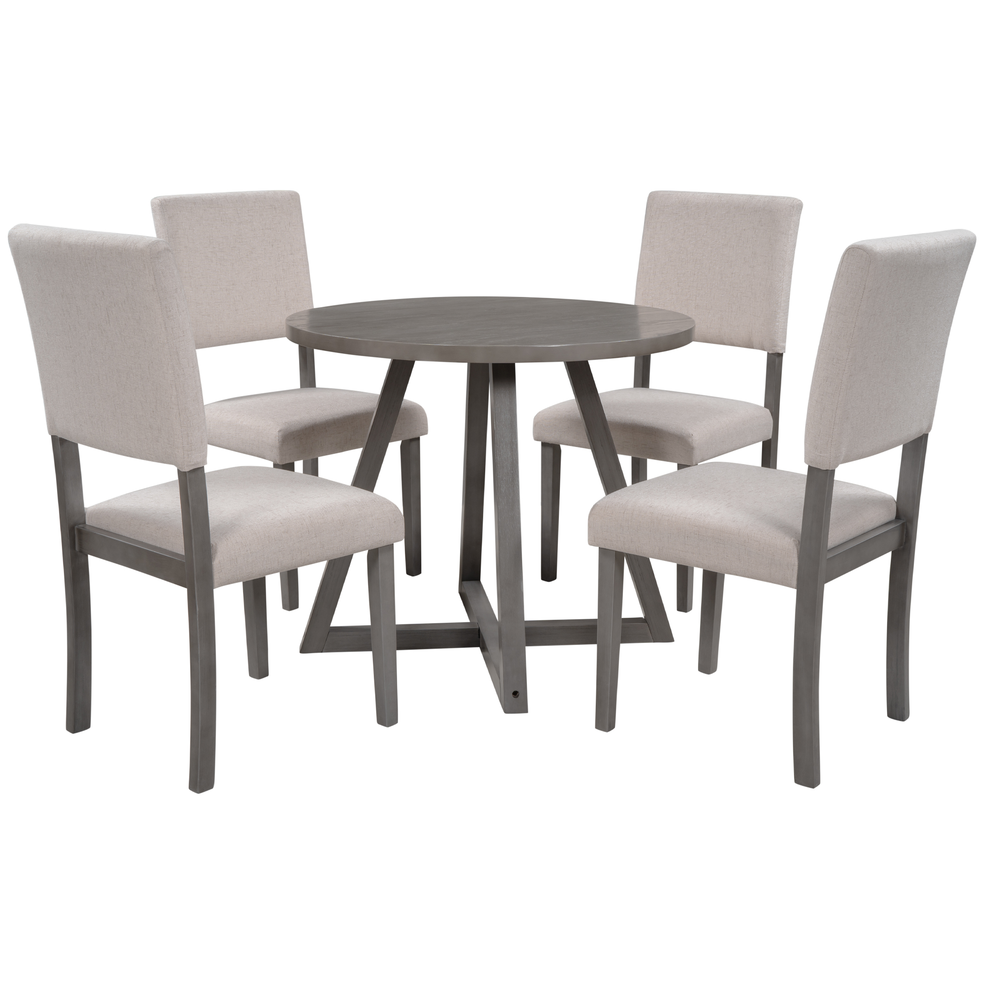 Mid-Century Wood  5-Piece Kitchen Dining Table Set with Round Table, 4 Upholstered Dining Chairs for Small Places, Gray Table + Beige Chair-CASAINC
