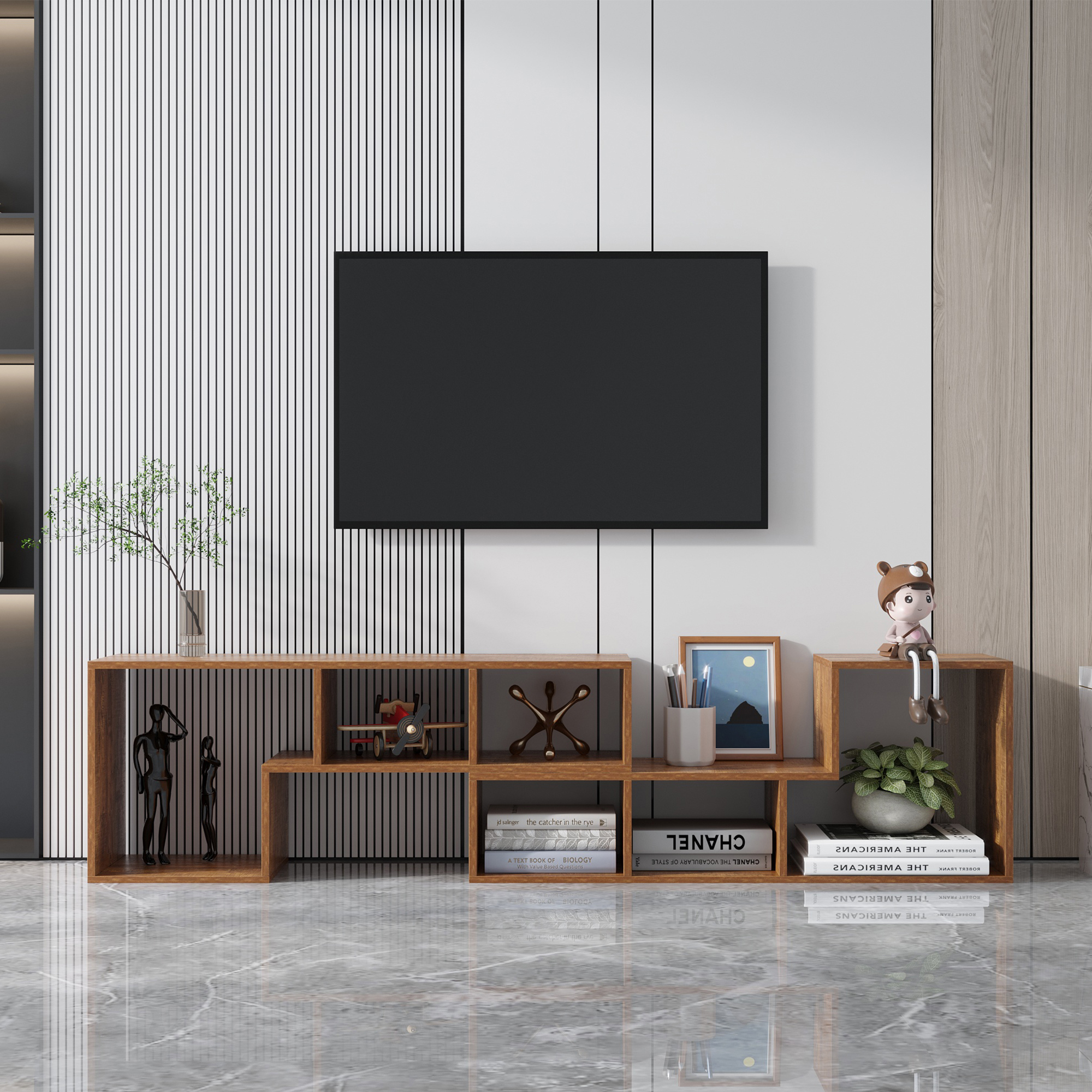 Double L-Shaped TV Stand，Display Shelf ，Bookcase for Home Furniture,Walnut-CASAINC