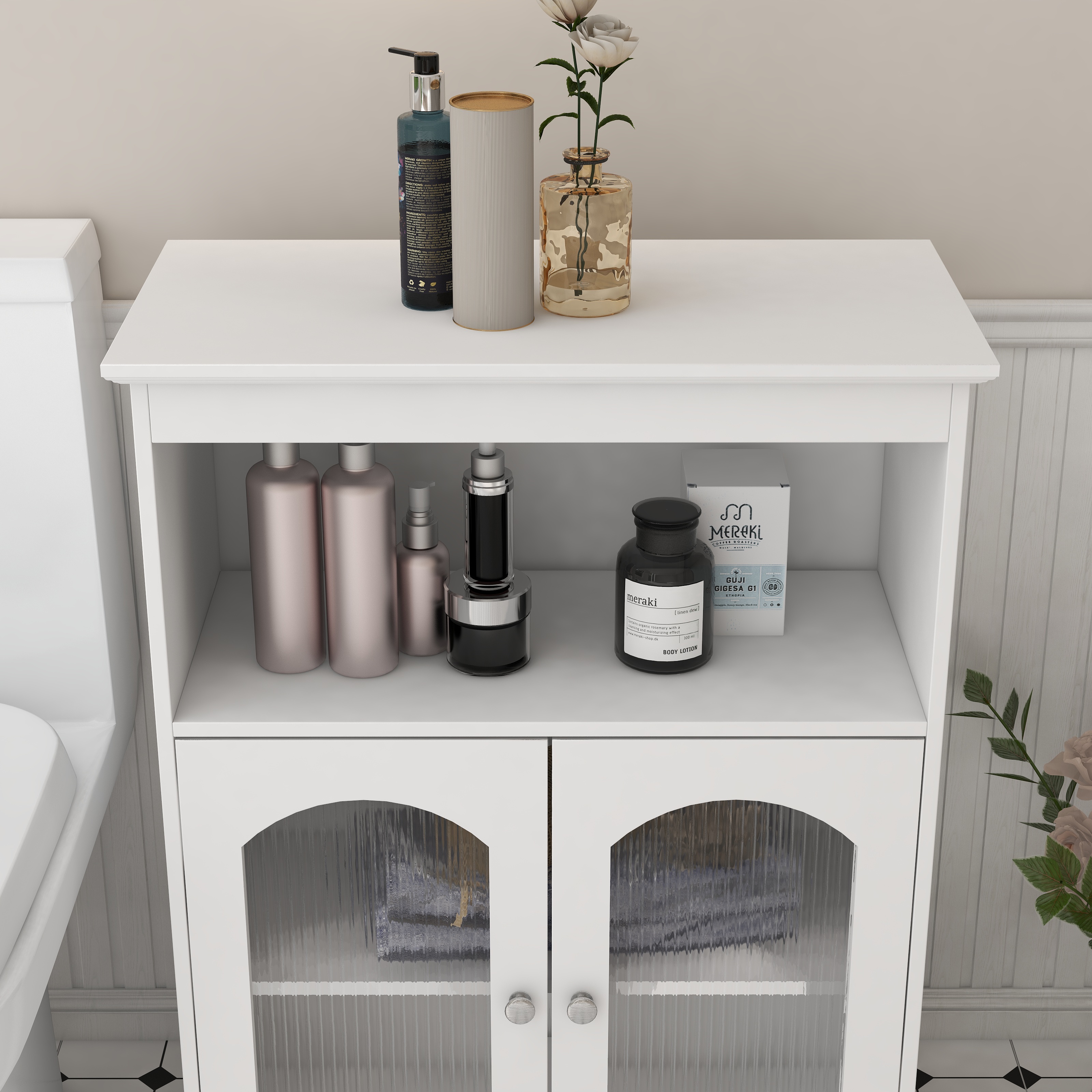 White Bathroom Cabinet with Glass-CASAINC