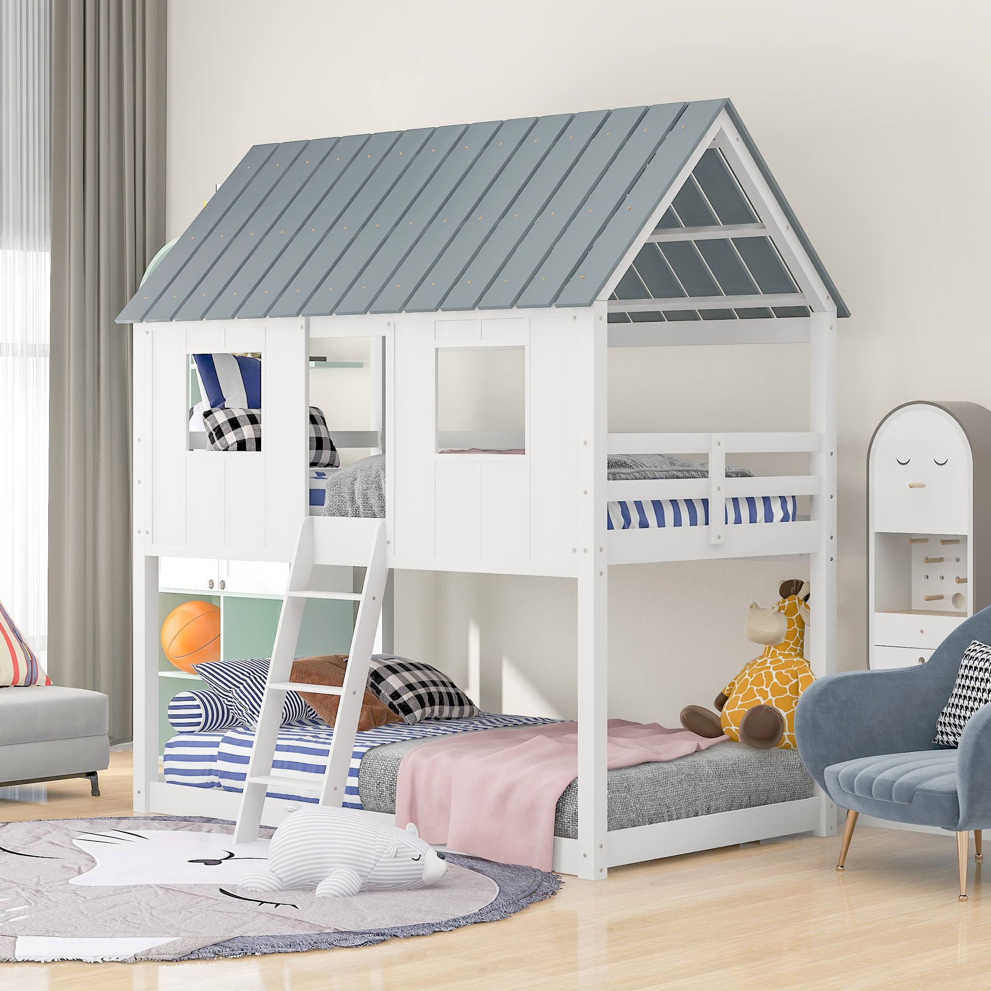 Twin over Twin Size Low Bunk Beds with Roof and Fence-shaped Guardrail, White-CASAINC