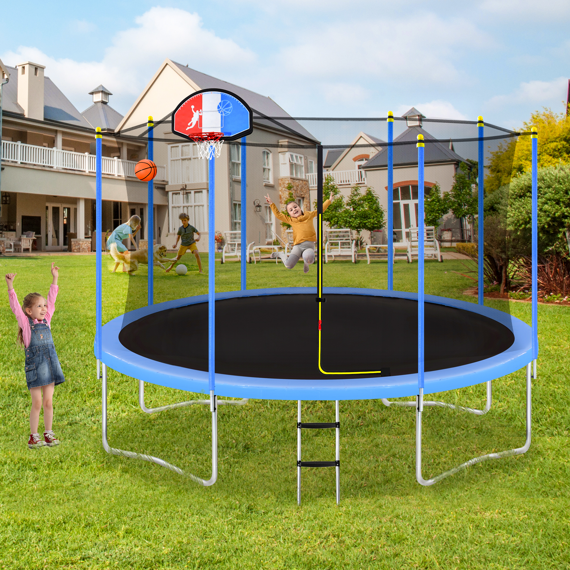 14FT Trampoline for Kids with Safety Enclosure Net, Basketball Hoop and Ladder, Easy Assembly Round Outdoor Recreational Trampoline-CASAINC