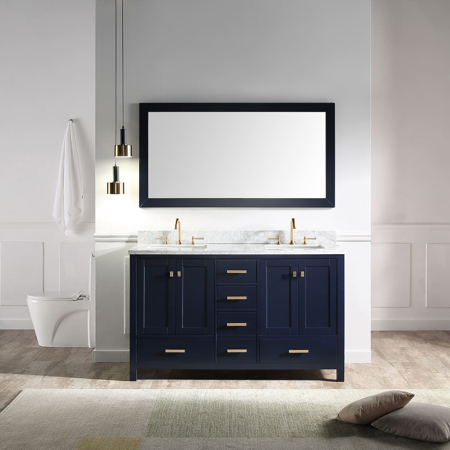 CASAINC 60 x 20 x 35.4 in. Two Sink Bathroom Vanity in Navy Blue with Mirror, With Carrara White Marble Countertop