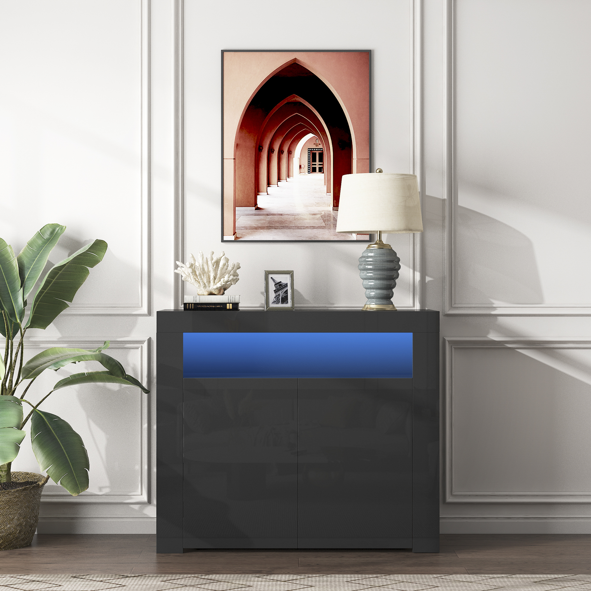Living Room Sideboard Storage Cabinet Black High Gloss with LED Light, Modern Kitchen Unit Cupboard Buffet Wooden Storage Display Cabinet TV Stand with 2 Doors for Hallway Dining Room-CASAINC