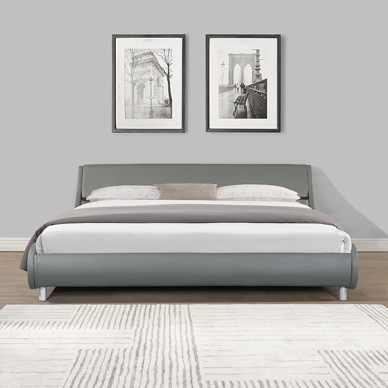 Faux Leather Upholstered Platform Bed Frame,&nbsp;Curve Design, Wood Slat Support, No Box Spring Needed, Easy Assemble, King Size, Gray-CASAINC