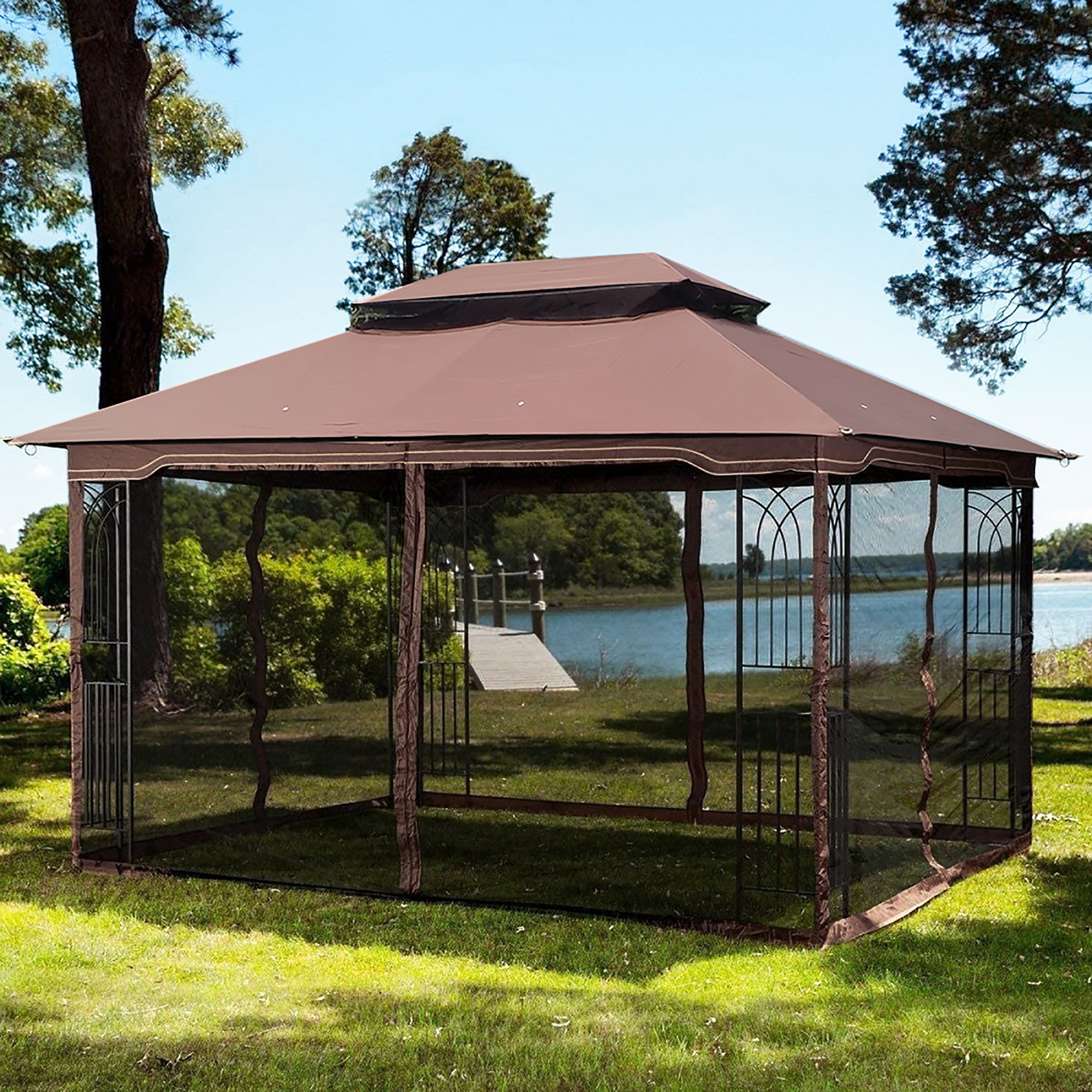 13x10 Outdoor Patio Gazebo Canopy Tent With Ventilated Double Roof And Mosquito net(Detachable Mesh Screen On All Sides),Suitable for Lawn, Garden, Backyard and Deck,Brown Top-CASAINC