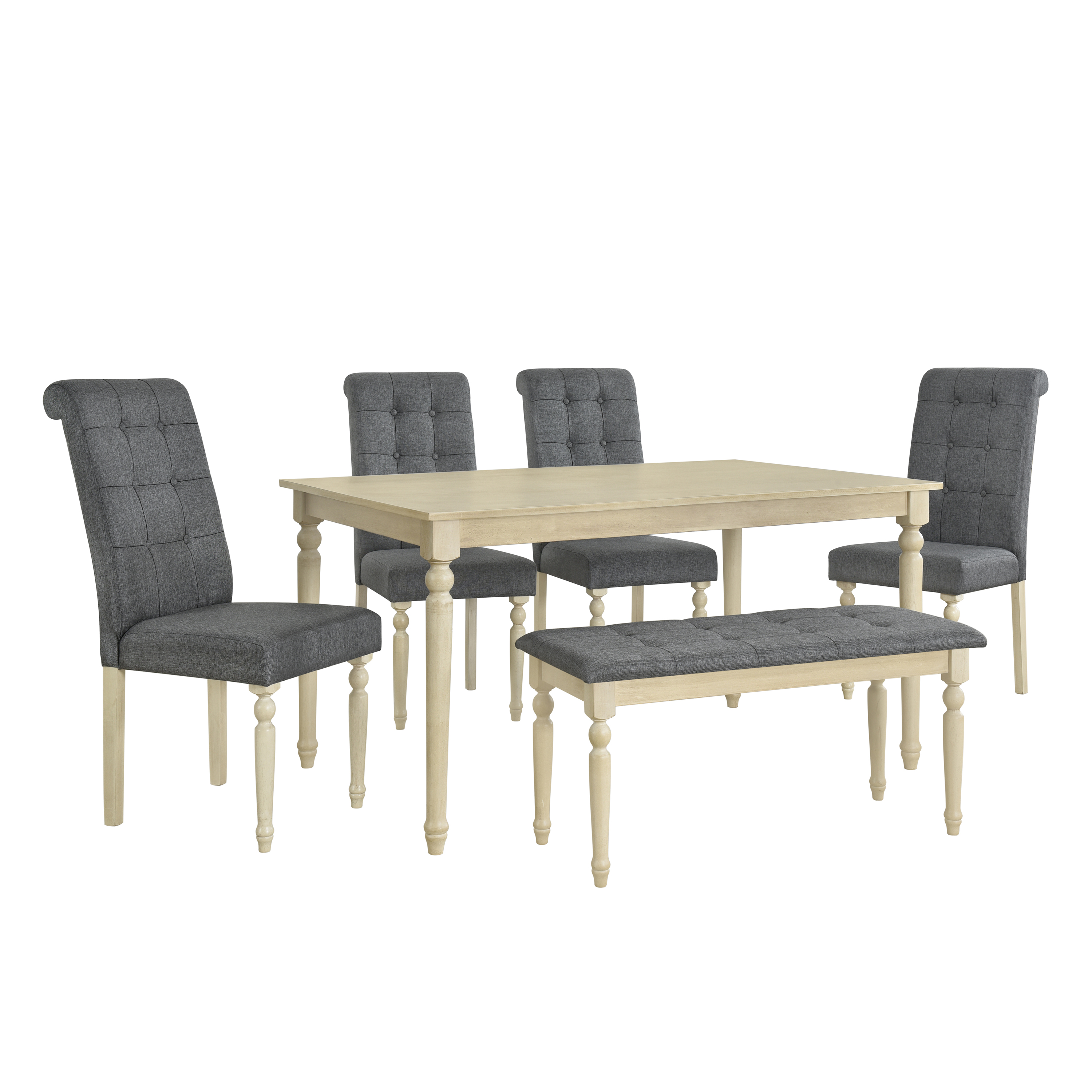  6 Piece Dining Table set with Tufted Bench,Wooden Kitchen Table Set w/ 4 Upholstered Dining Chairs,Gray-CASAINC