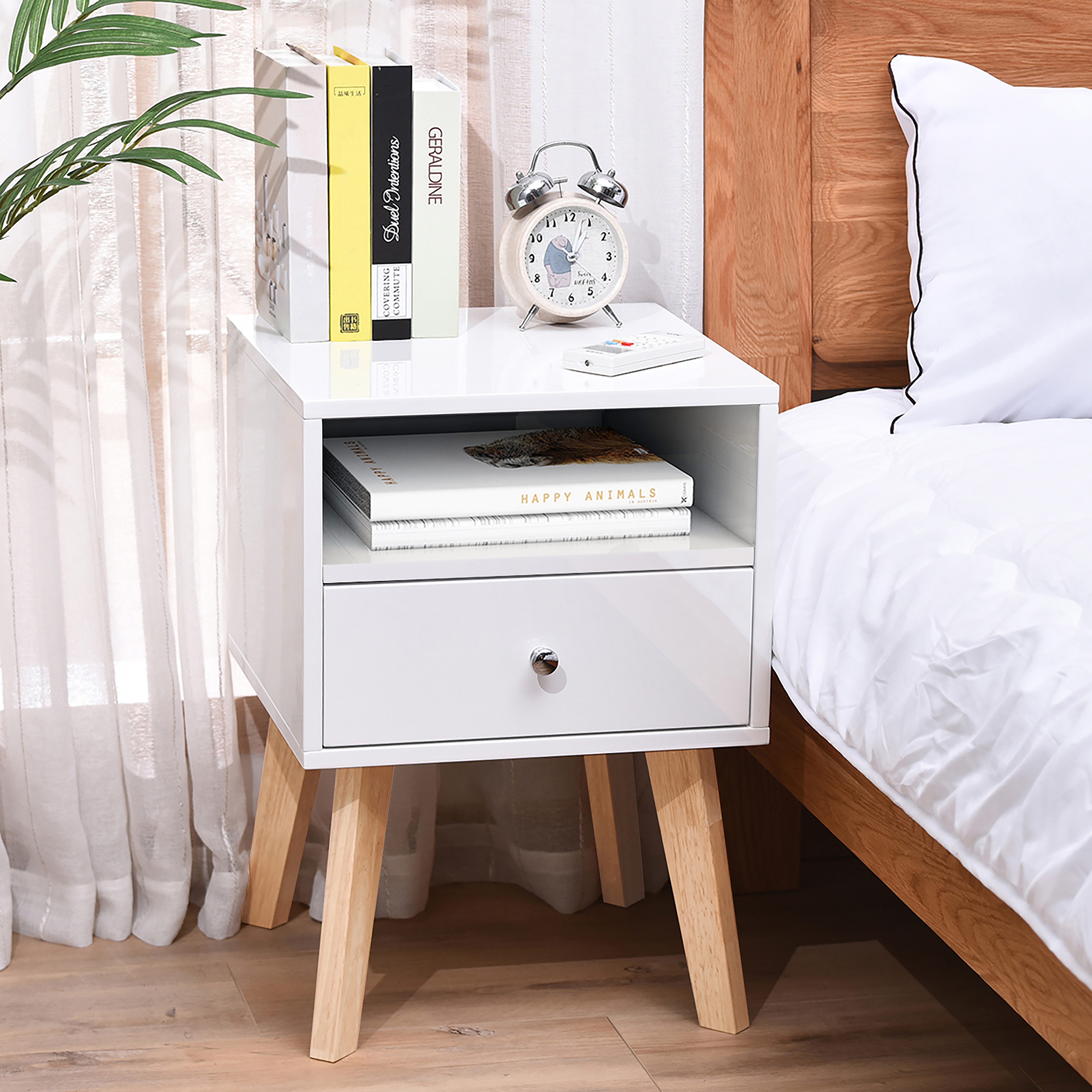 White Nightstand Side Table Side Table with Storage Drawers and Open Shelves Solid Wood Nightstand with Solid Wood Legs Modern Nightstand Bedroom Living Room (White)-CASAINC