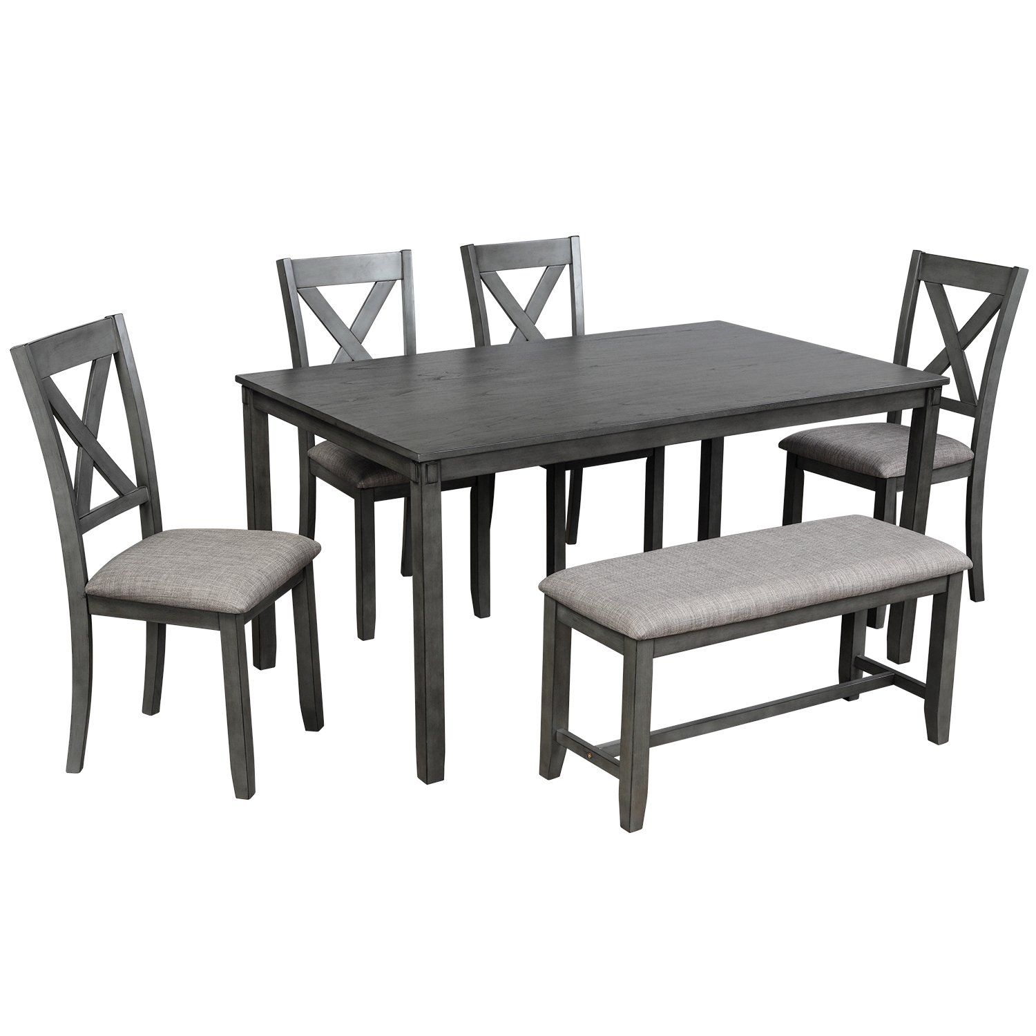 6-Piece Kitchen Dining Table Set Wooden Rectangular Dining Table, 4 Dining Chair and Bench Family Furniture for 6 People (Grey)-CASAINC