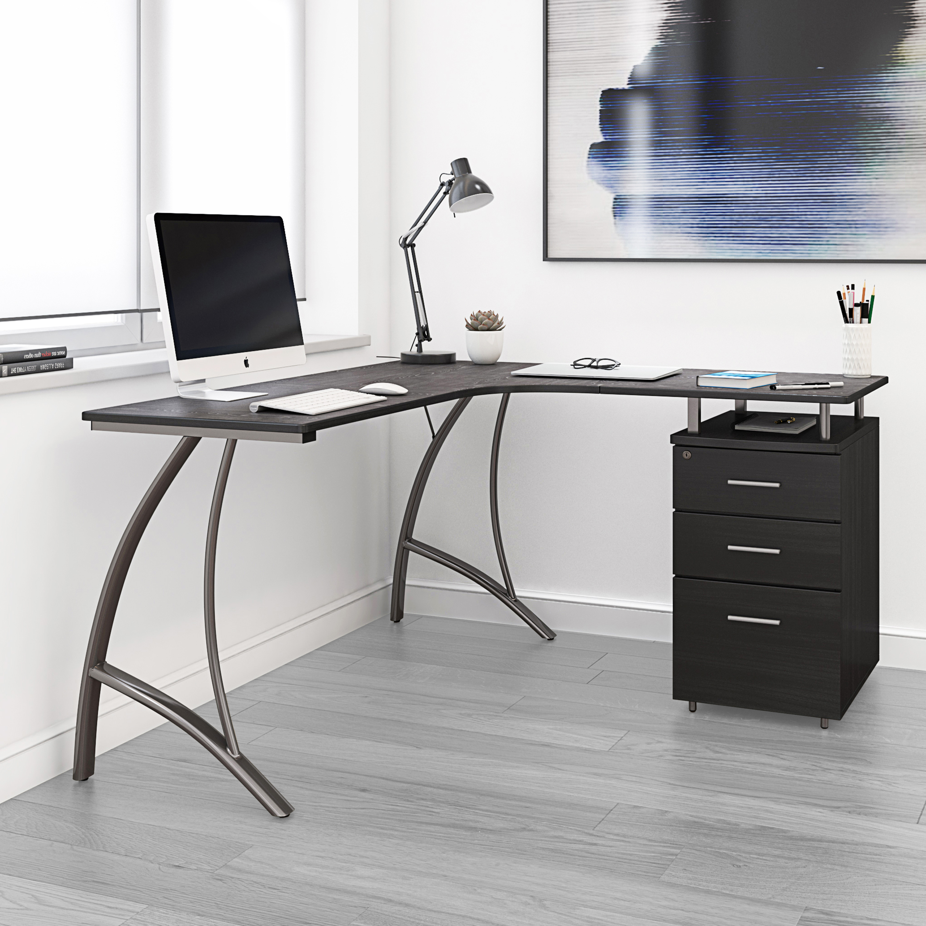 Techni Mobili Modern L- Shaped Computer Desk with File Cabinet and Storage, Espresso-CASAINC