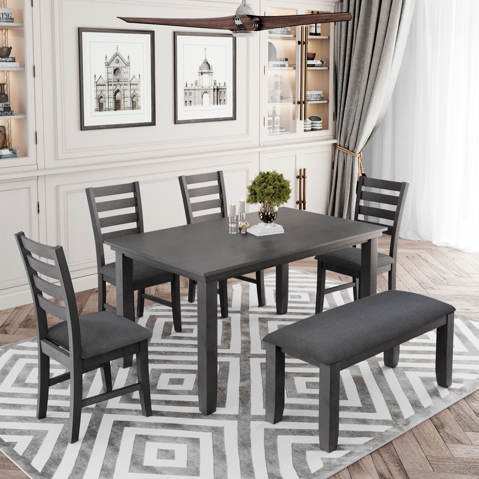 TREXM Dining Room Table and Chairs with Bench, Rustic Wood Dining Set, Set of 6 (Gray)-CASAINC