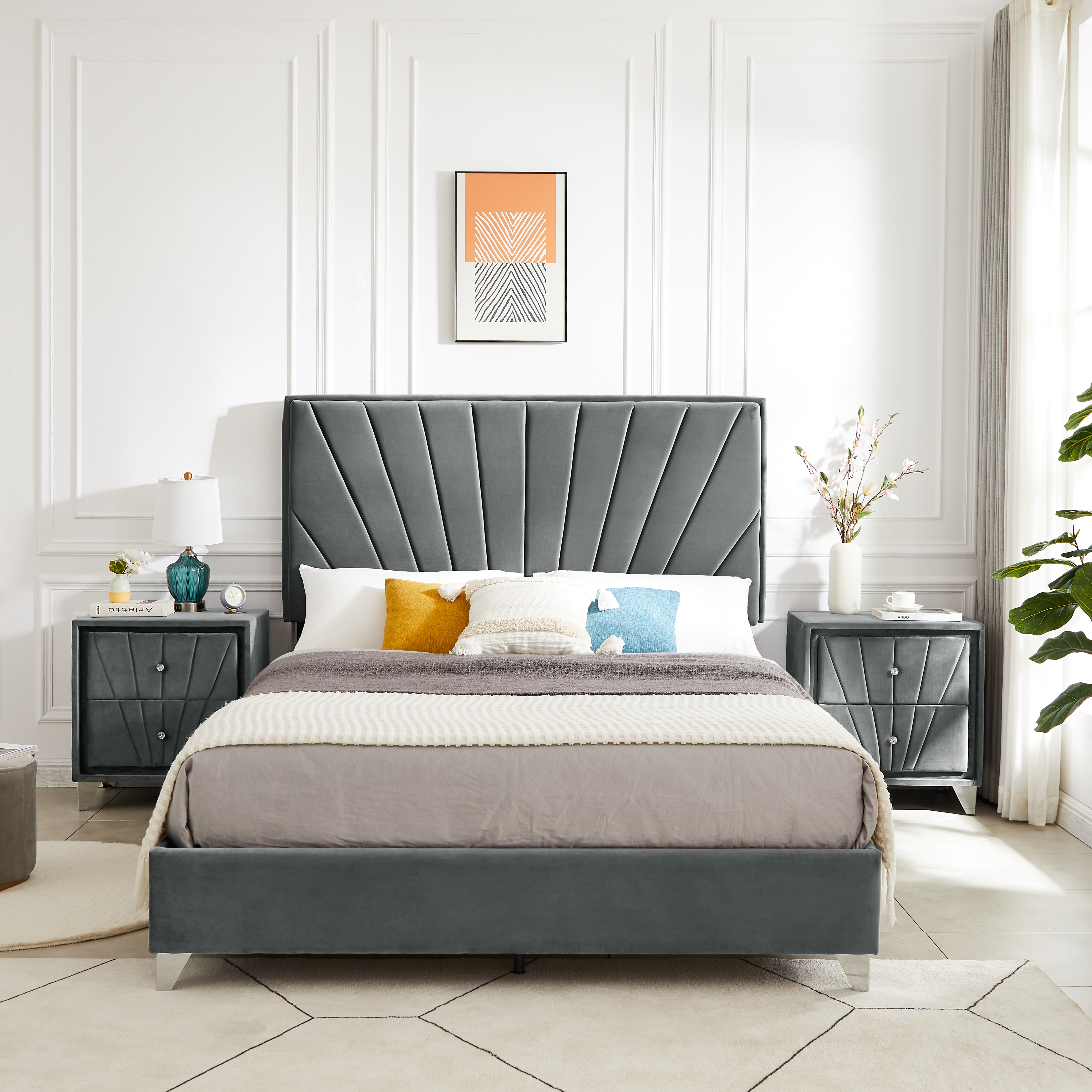 B108 Beautiful line stripe cushion headboard Queen bed, strong wooden slats + metal support feet, Gray Flannelette-CASAINC