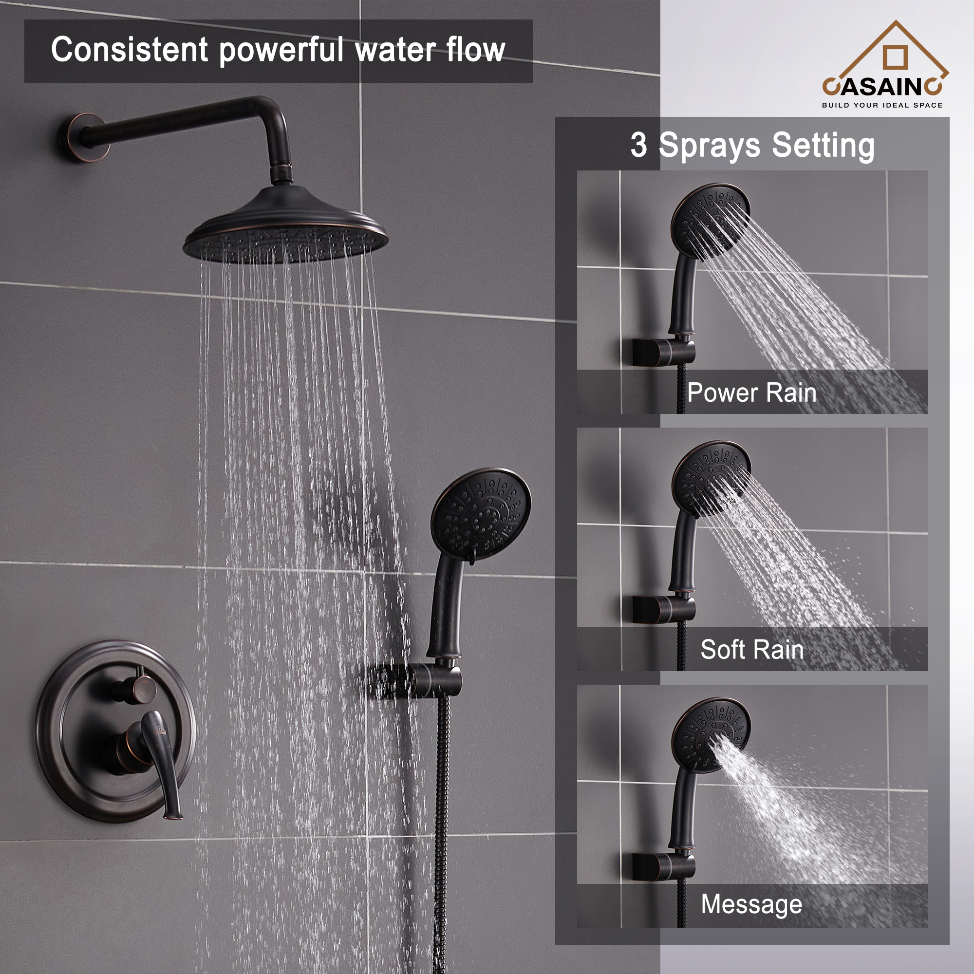 CASAINC 8.3 inch Wall-mounted rain shower faucet with pressure balanced valve