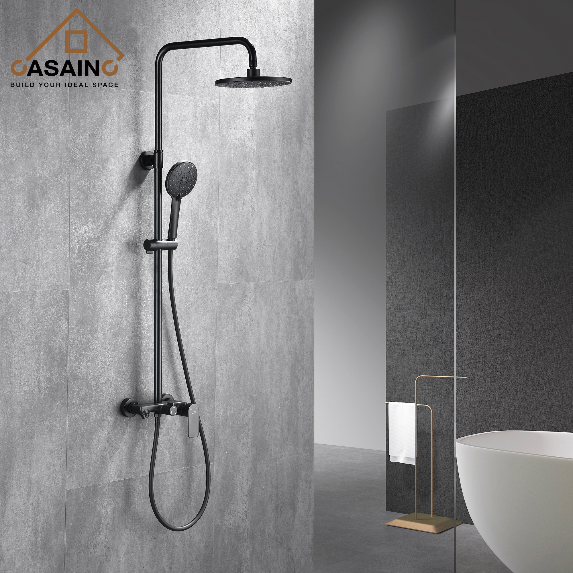 CASAINC 8-in Round spray Shower system with sliding rods in Mattle black