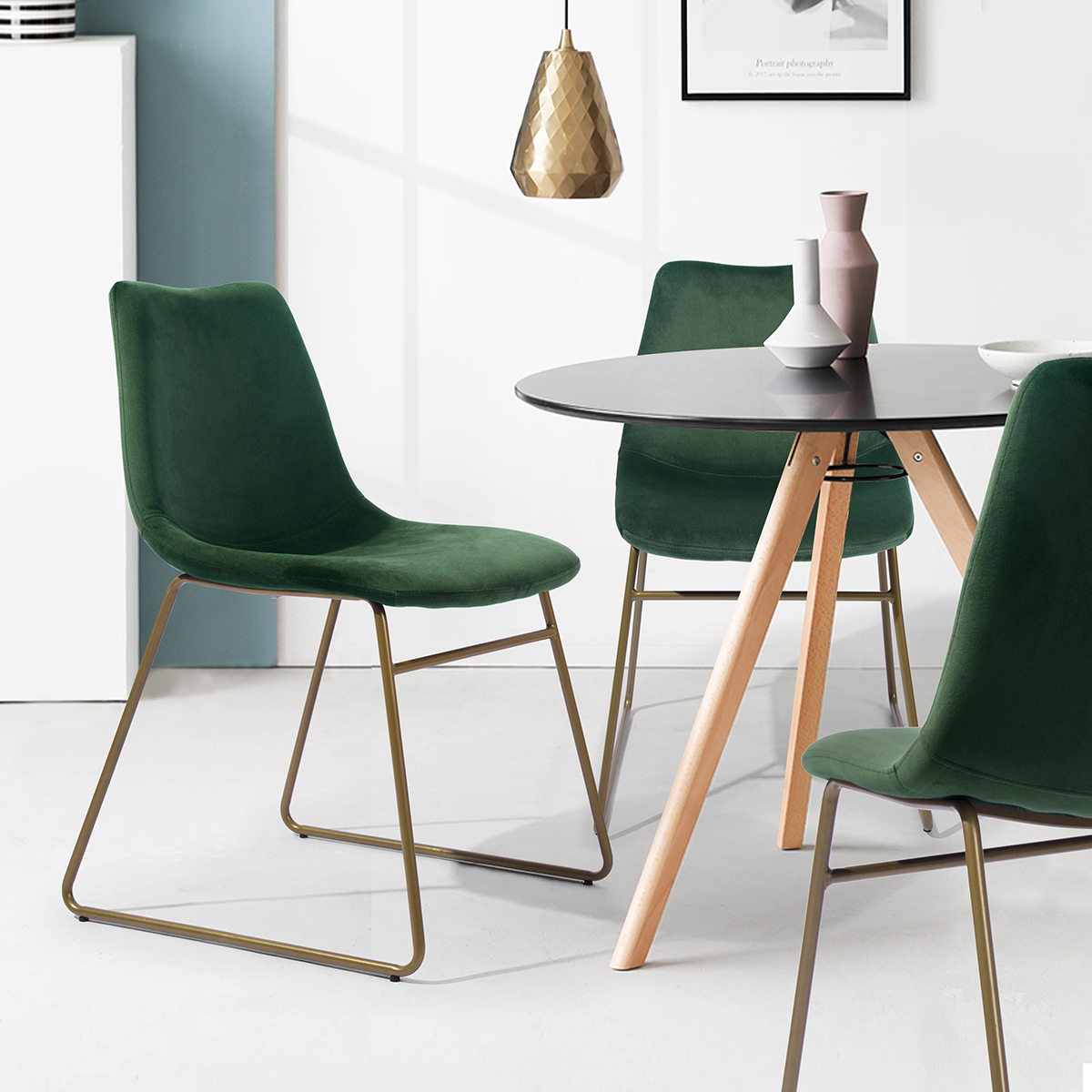 Modern Dining Chairs Set of 2, Velvet Upholstered Side Chairs with Golden Metal Legs for Dining Room Furniture,Green