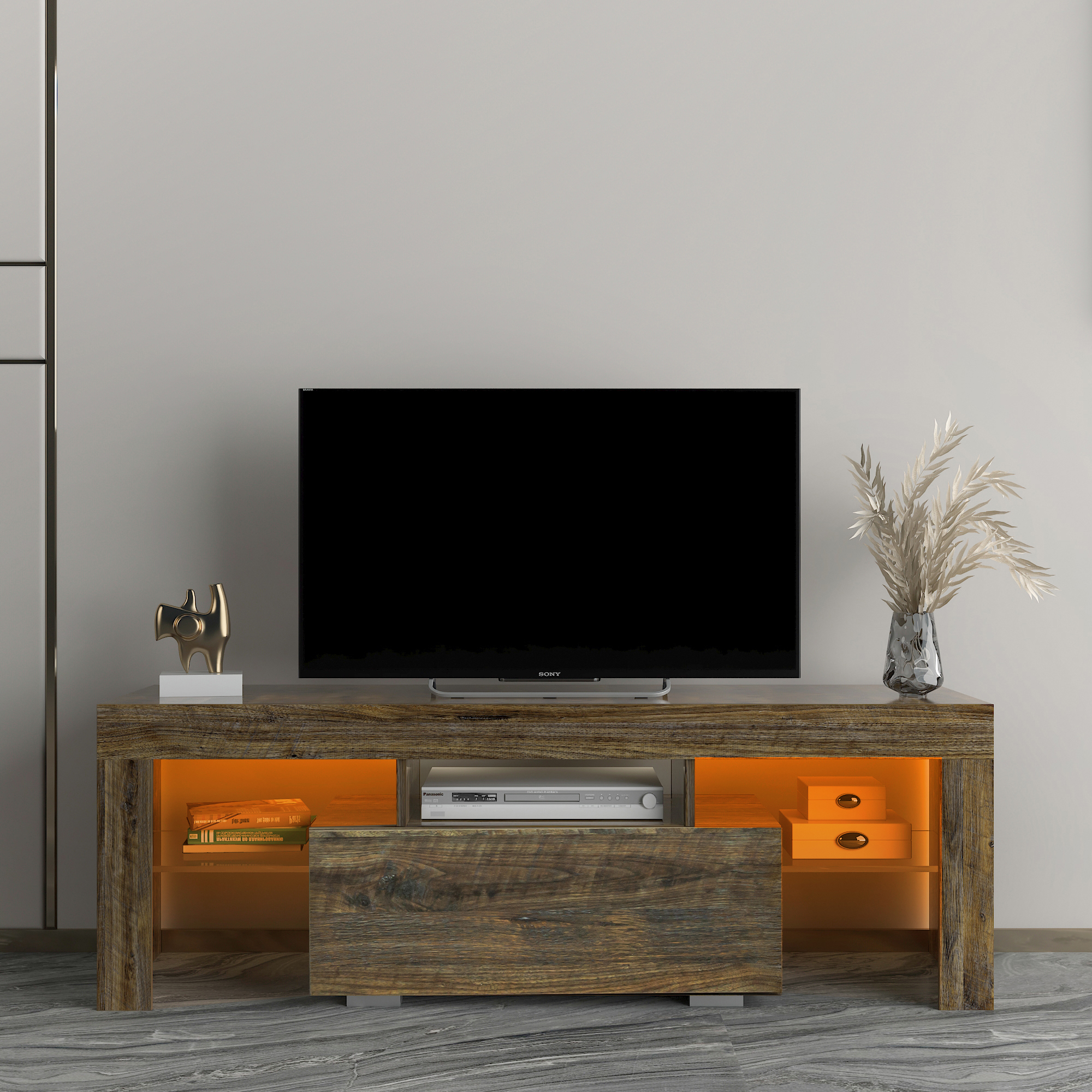 TV Stand with LED RGB Lights,Flat Screen TV Cabinet, Gaming Consoles - in Lounge Room, Living Room and Bedroom，GREY OAK-CASAINC