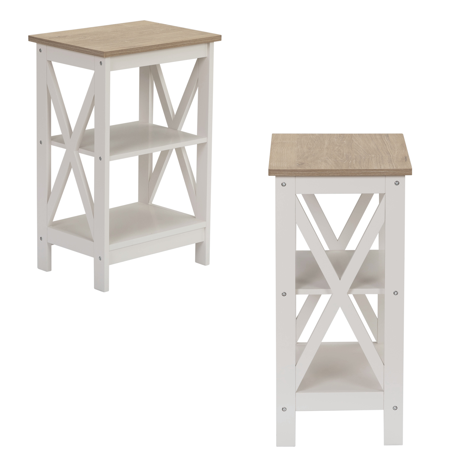 Set of 2 End Table, 3-Tier Wood Nightstand Side Table with X-Design Side for Living Room, Bedroom, Ivory White