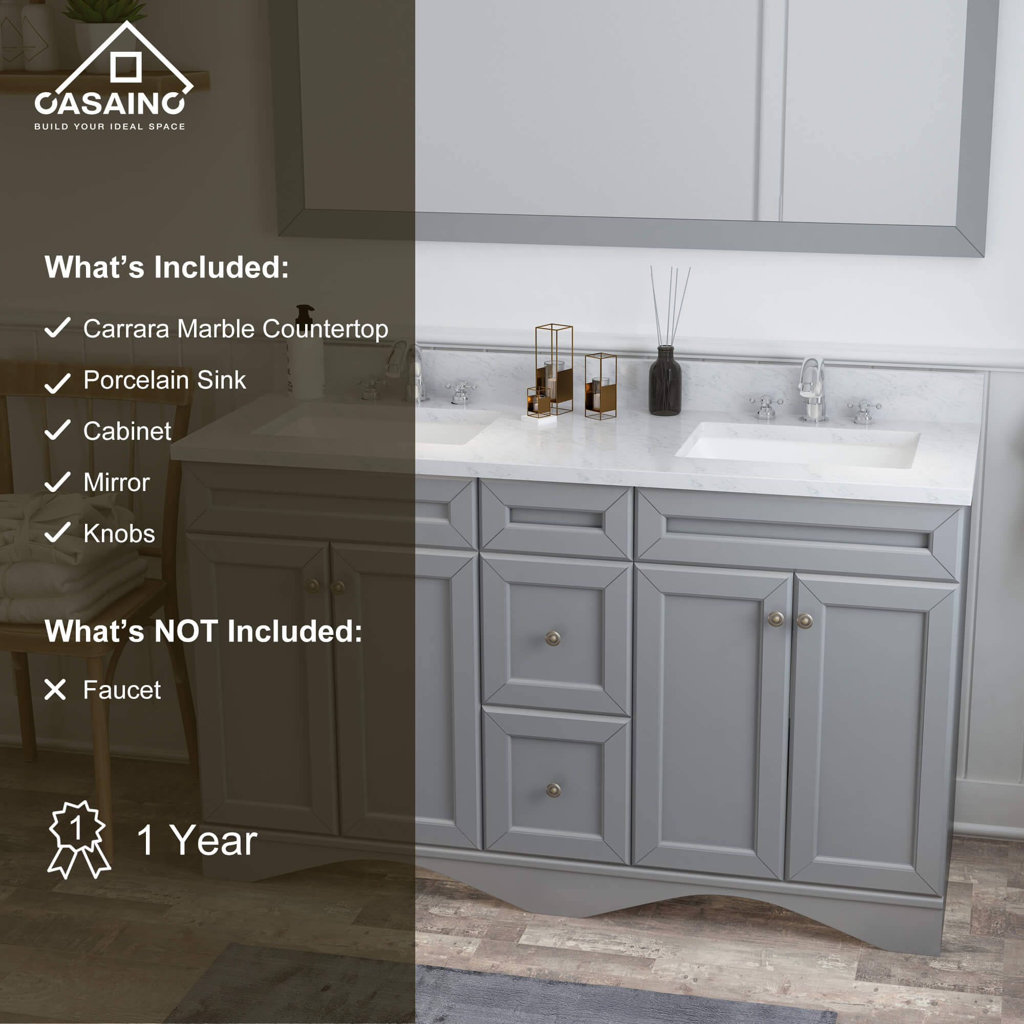 CASAINC 60 x 22 x 35.4 in. Solid Wood Bath Vanity with Marble Top and Backsplash in Gray/White (No/With Mirror)