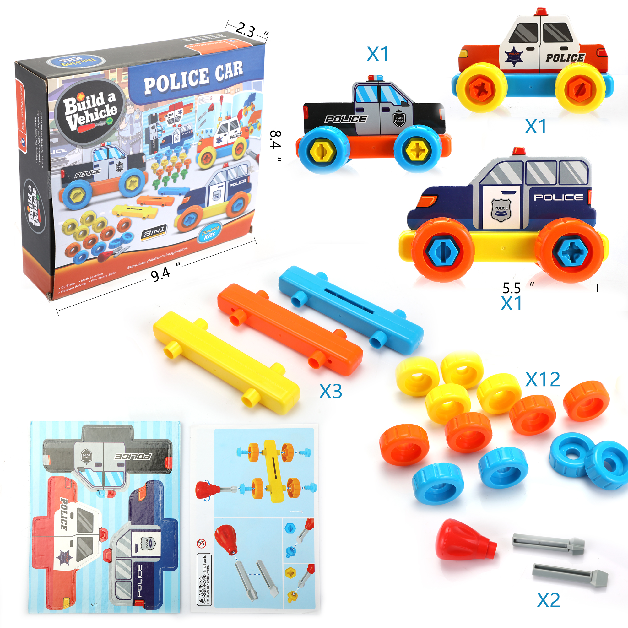 Colorful DIY Puzzle Game Assembly Police Car Educational Toys for Toddles-CASAINC