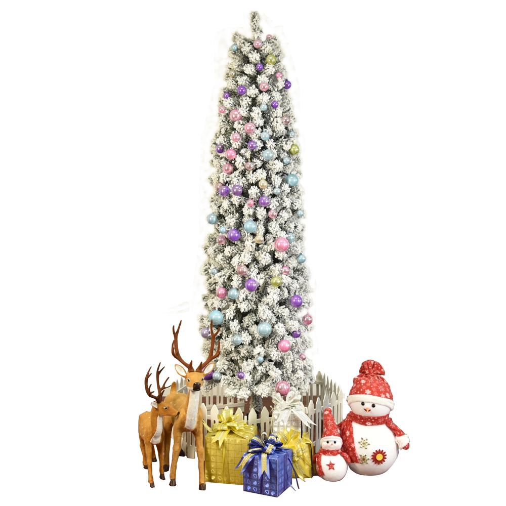 Unlit 7.5FT Artificial Christmas Trees,Classic Pencil Tree with White Snow Flocked-CASAINC