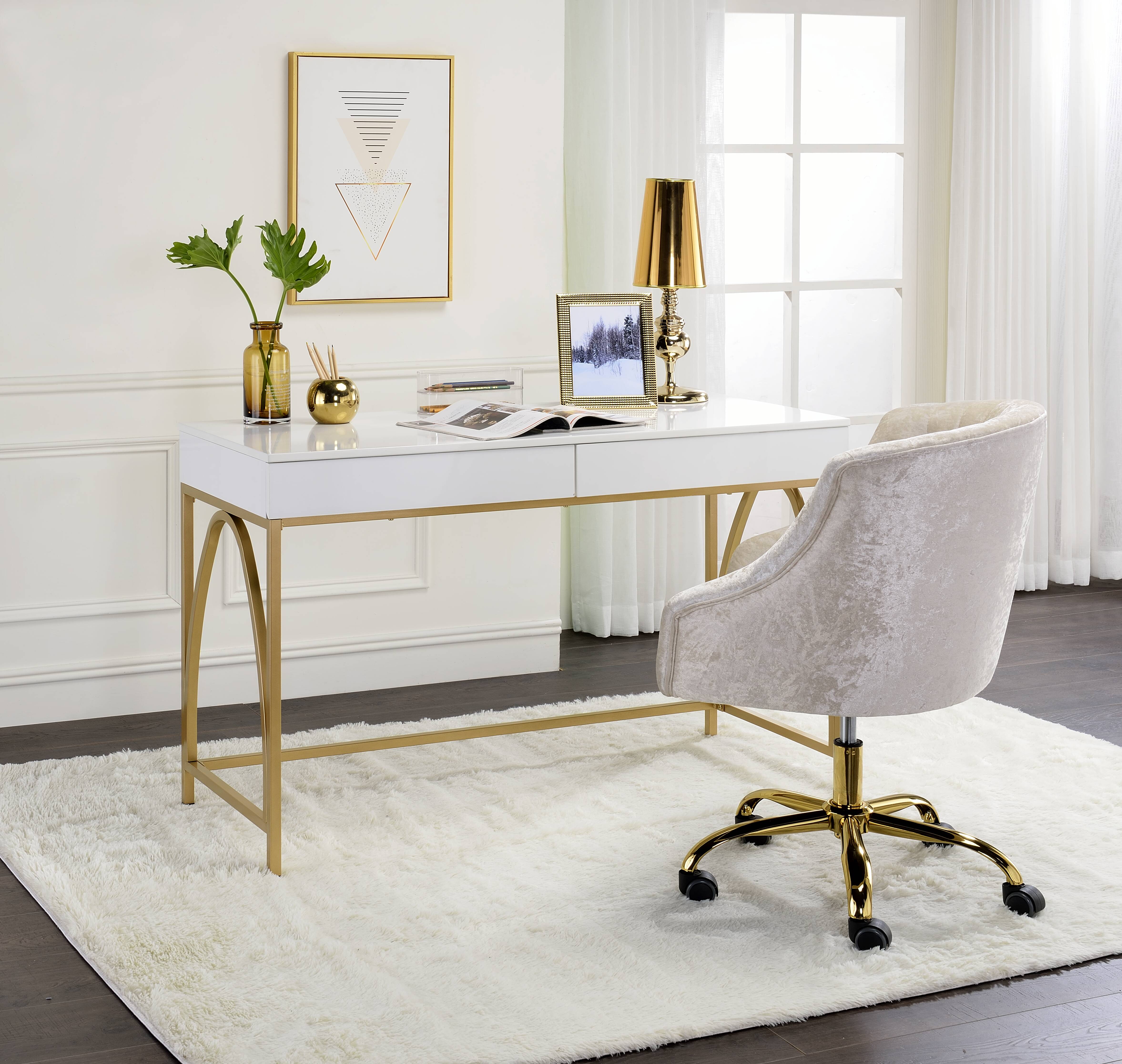 ACME Lightmane Vanity Desk  in White High Gloss  Gold Finish-CASAINC