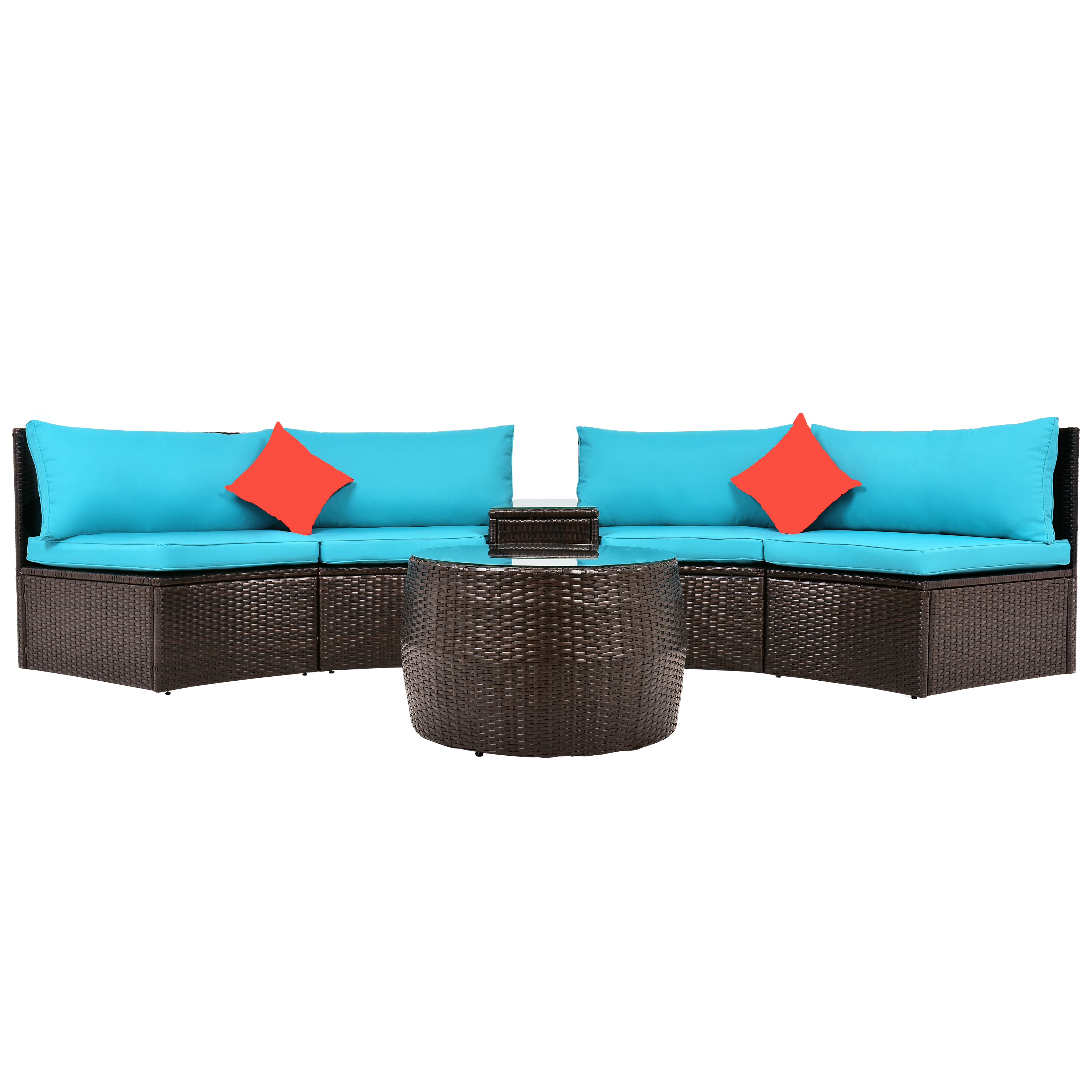  4-Piece Patio Furniture Sets, Outdoor Half-Moon Sectional Furniture Wicker Sofa Set with Two Pillows and Coffee Table, Blue Cushions+Brown Wicker-CASAINC