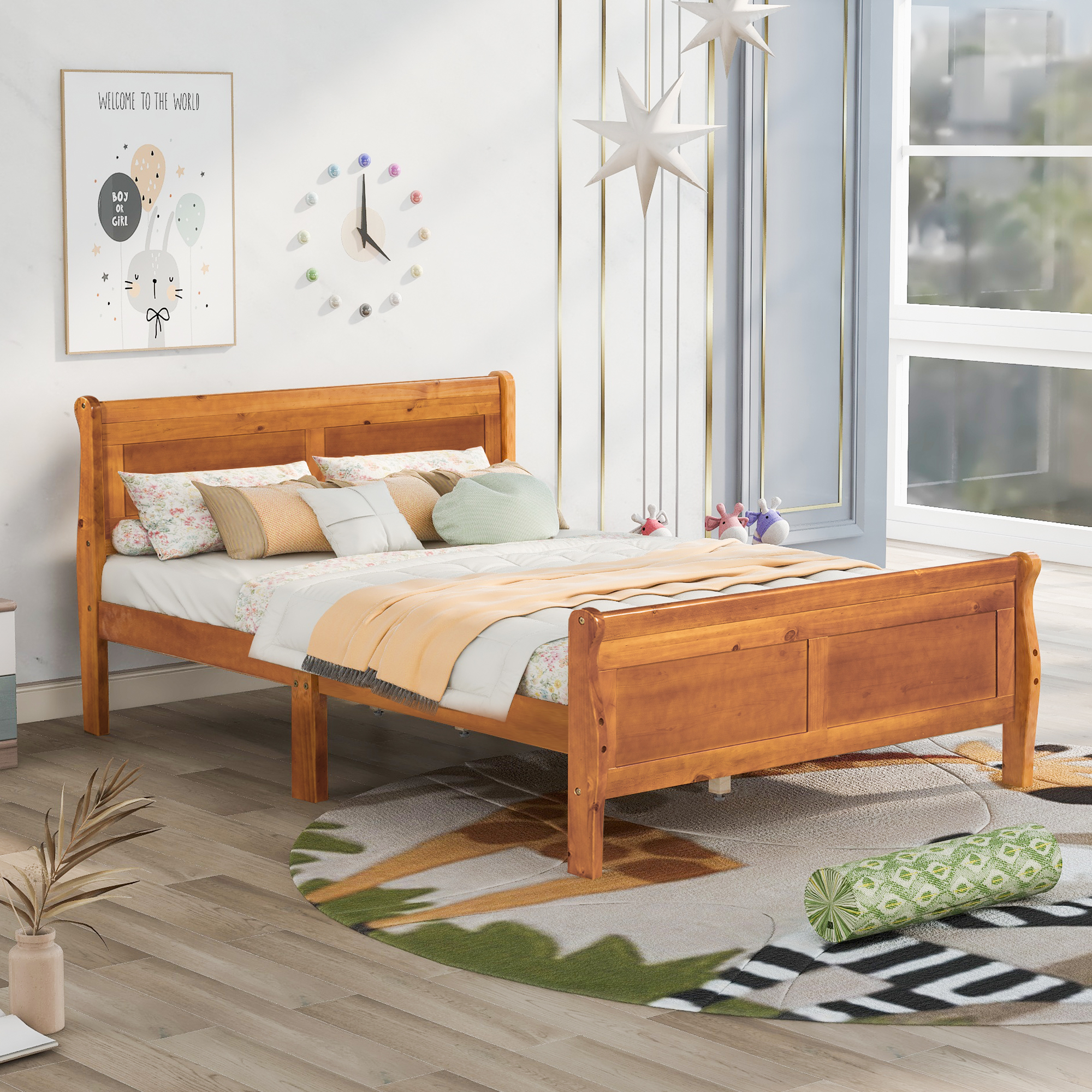 Full Size Wood Platform Bed with Headboard and Wooden Slat Support Oak