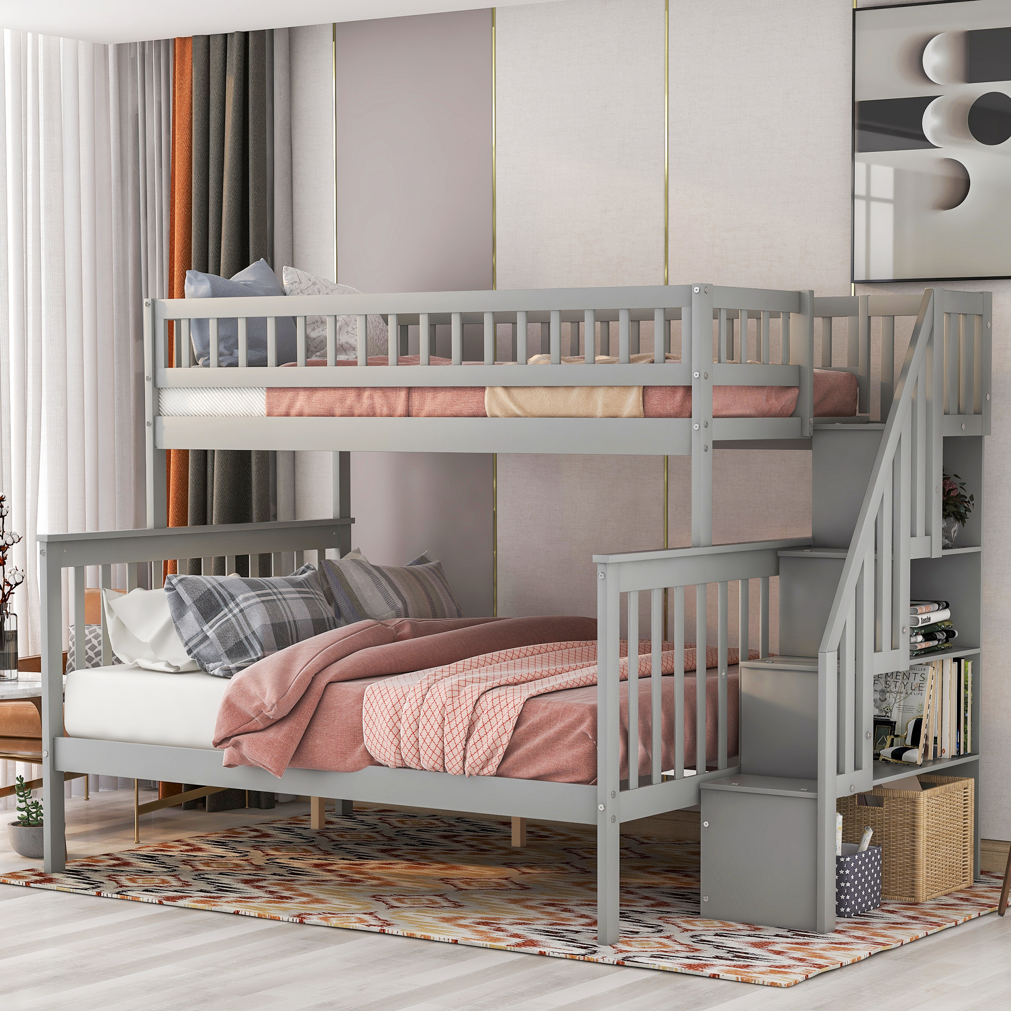 Twin over Full Stairway Bunk Bed with Storage, Gray-CASAINC