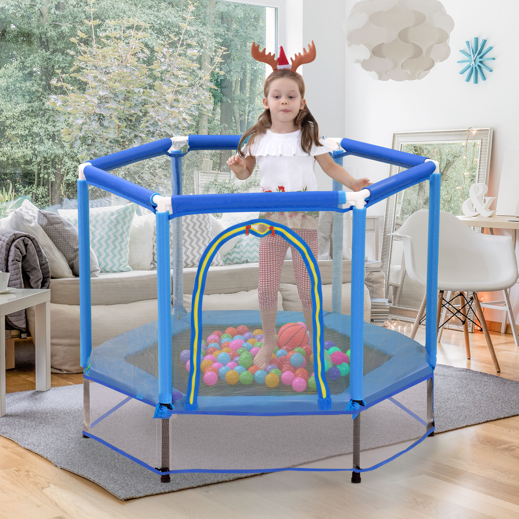 55&rdquo; Toddlers Trampoline with Safety Enclosure Net and Balls, Indoor Outdoor Mini Trampoline for Kids-CASAINC