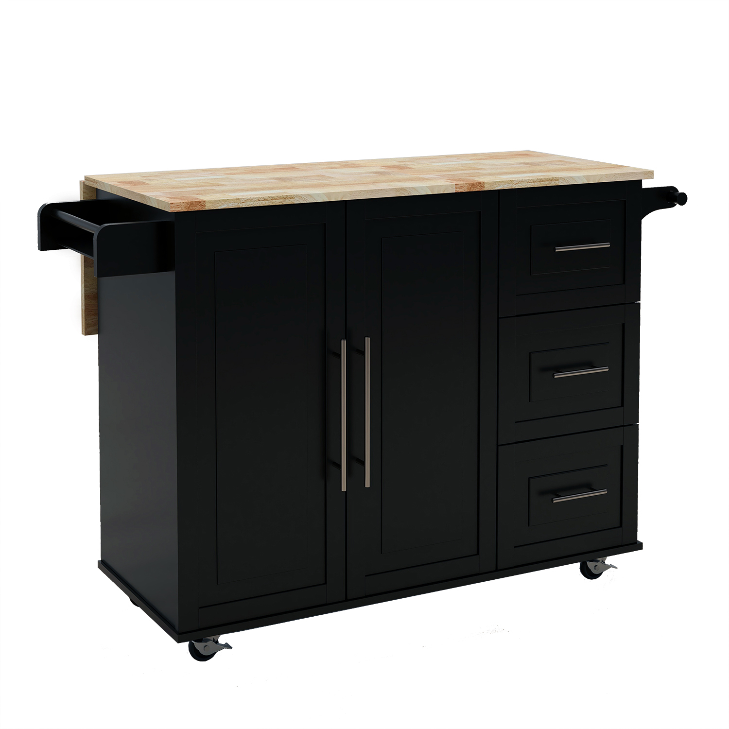 Kitchen Island with Spice Rack, Towel Rack and Extensible Solid Wood Table Top-Black-CASAINC