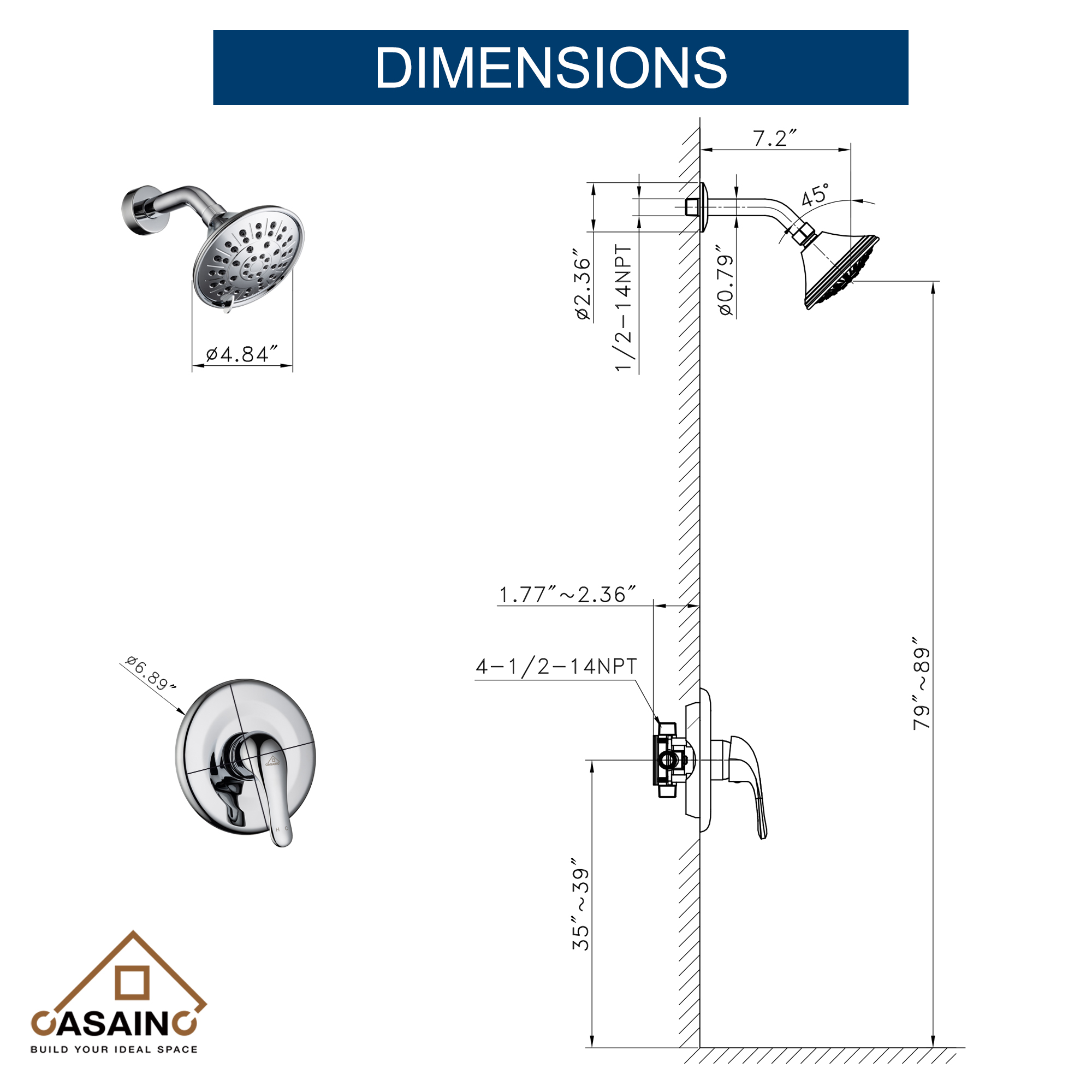 4.84inch Round Shower trim kit with pressure balanced valve-CASAINC