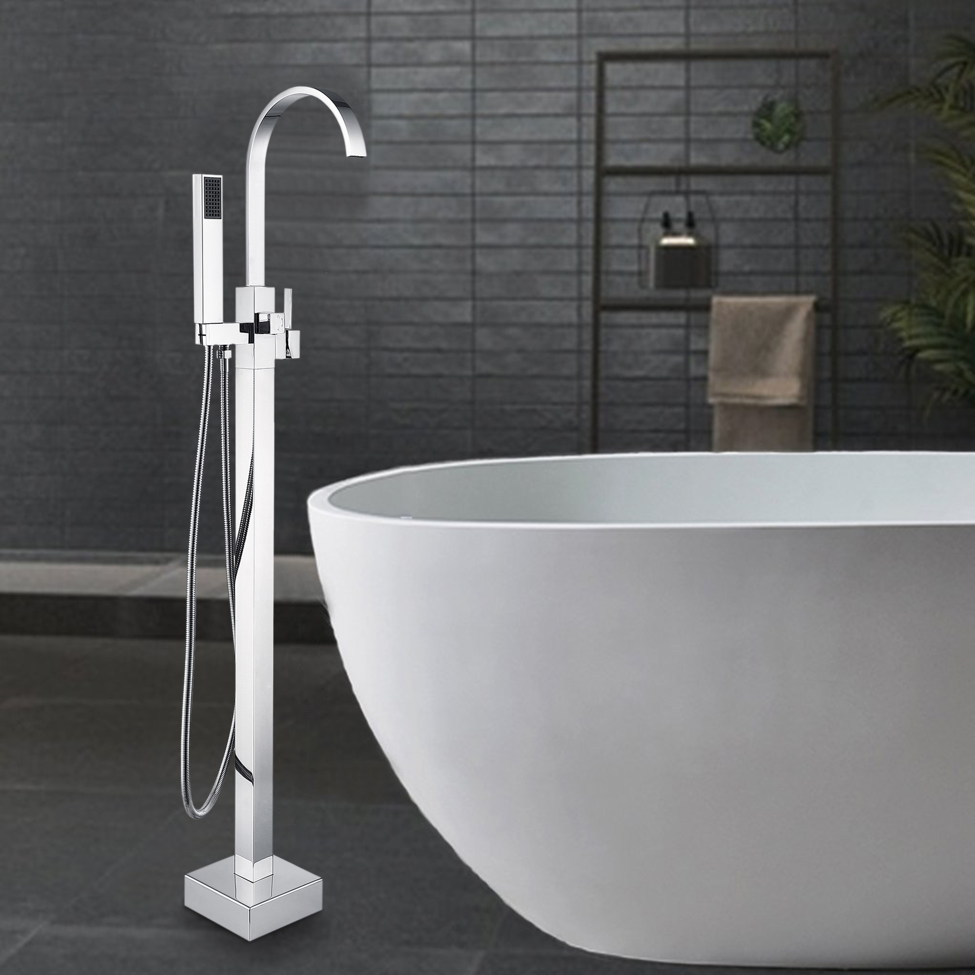 CASAINC Single-Handle Floor-Mounted Bathtub Faucet High Flow Bathroom Tub Filler with Hand Shower-CASAINC