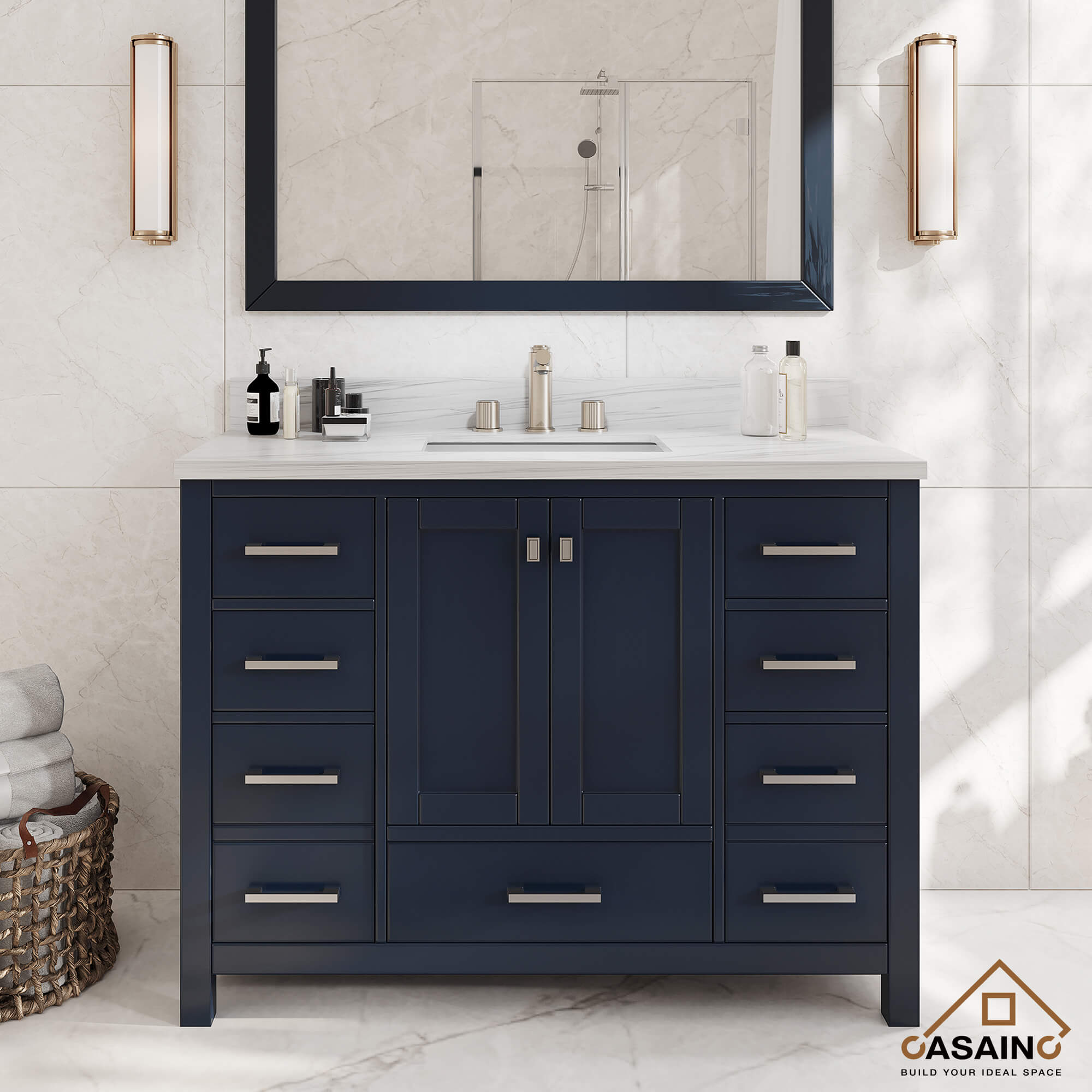 CASAINC 48 x 22 x 35.4 in. Solid Wood Navy Blue Bath Vanity with Carrara White Marble Countertop (No/With Mirror)