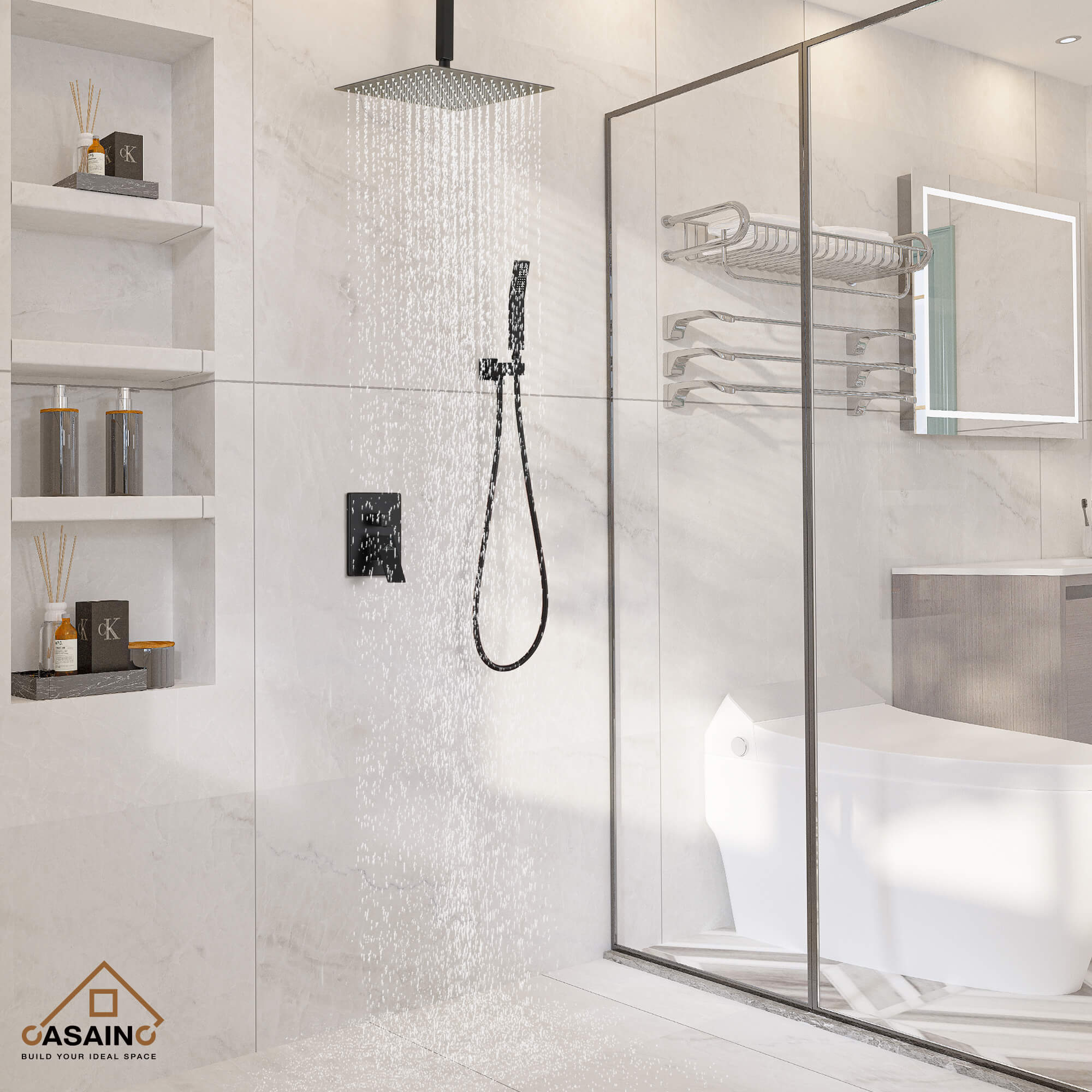 CASAINC Wall-Mounted/Ceiling-Mounted 2-Function Shower System with Handheld Shower in Matte Black