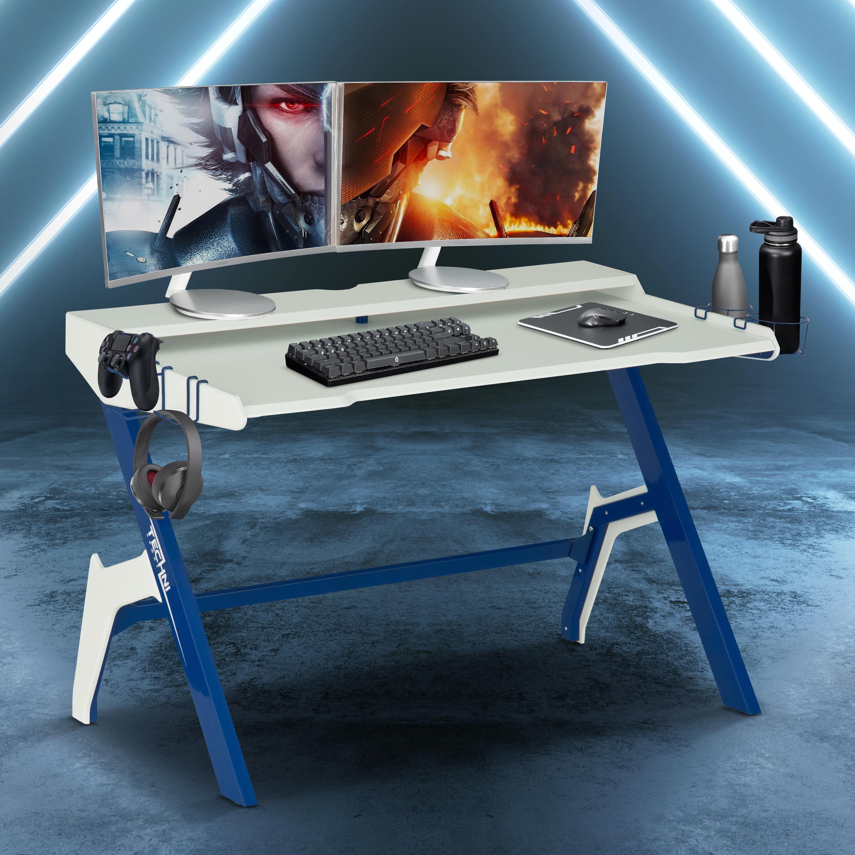 Techni Sport Ergonomic Computer Gaming  Desk Workstation with Cupholder  Headphone Hook, Blue-CASAINC