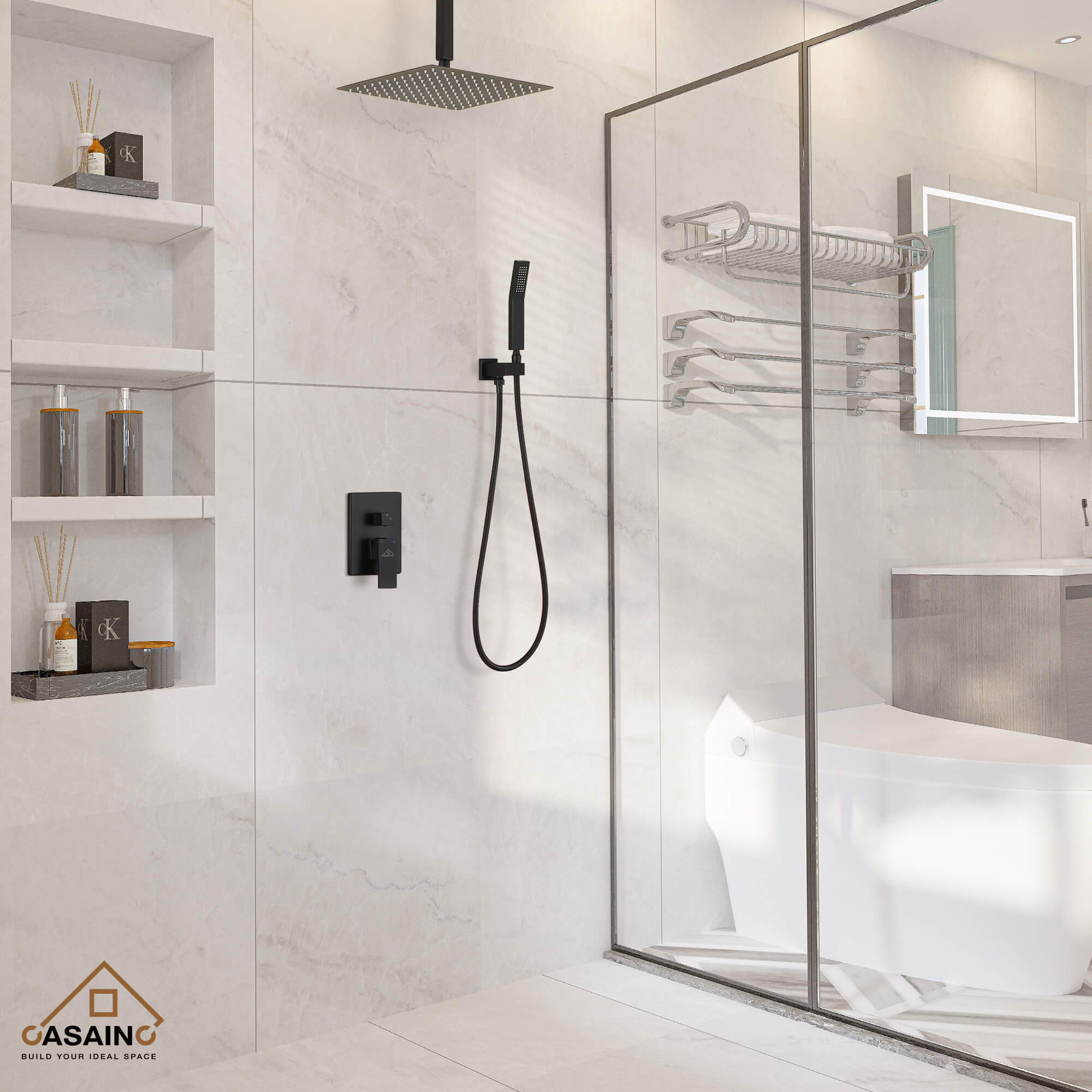 CASAINC Wall-Mounted/Ceiling-Mounted 2-Function Shower System with Handheld Shower in Matte Black