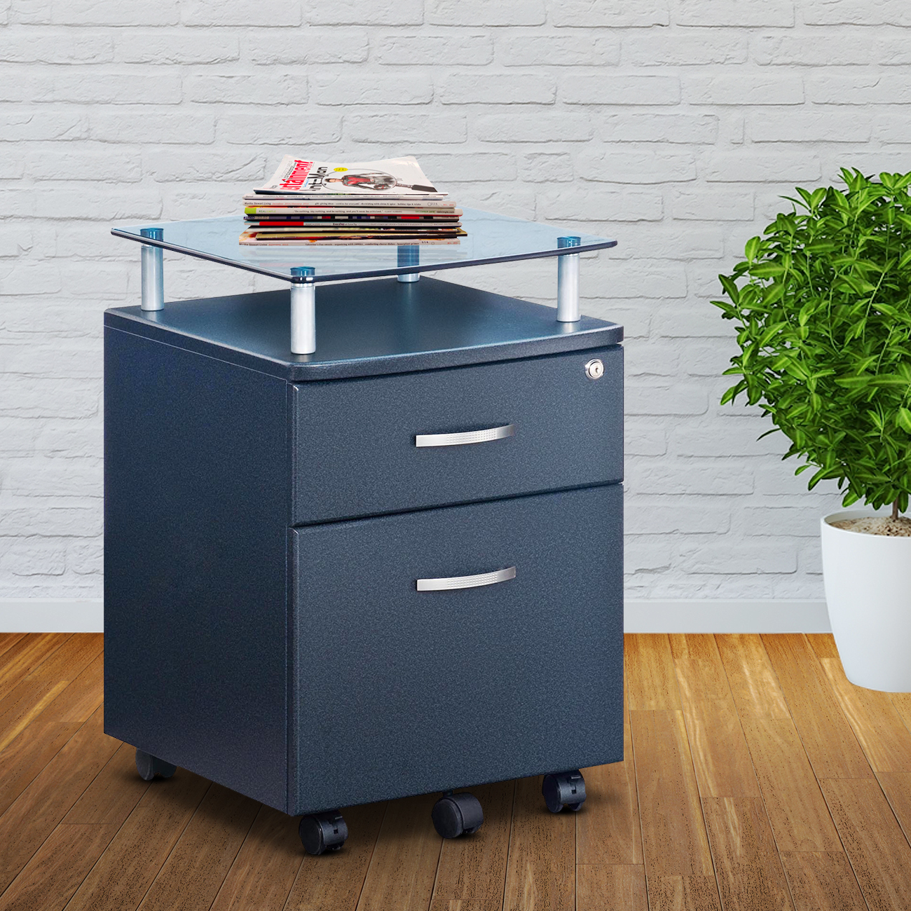 Techni Mobili Rolling File Cabinet with Glass Top, Graphite-CASAINC